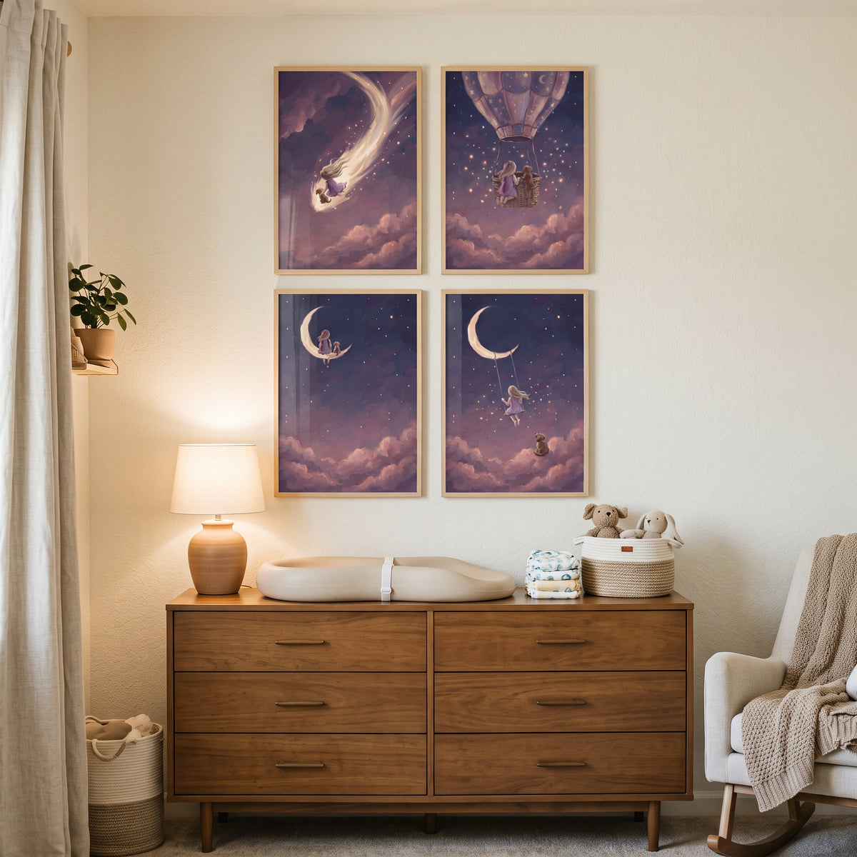 Velvet Night Girl Dog Wall Art Set of 4 - Whimsical Night Journey