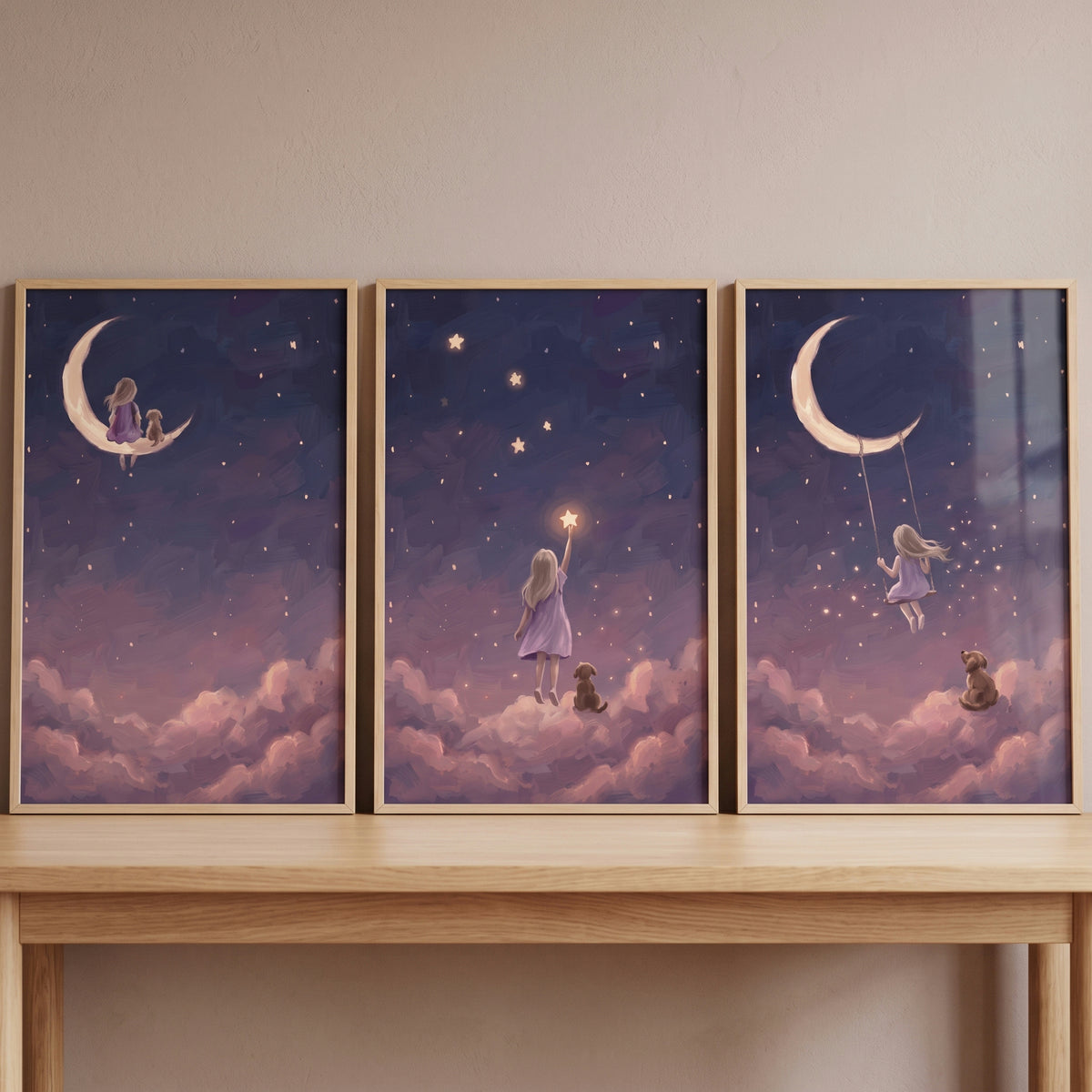 Velvet plum girl dog wall art set of 3 with a girl and pup sitting on a crescent moon and playing among starry clouds.