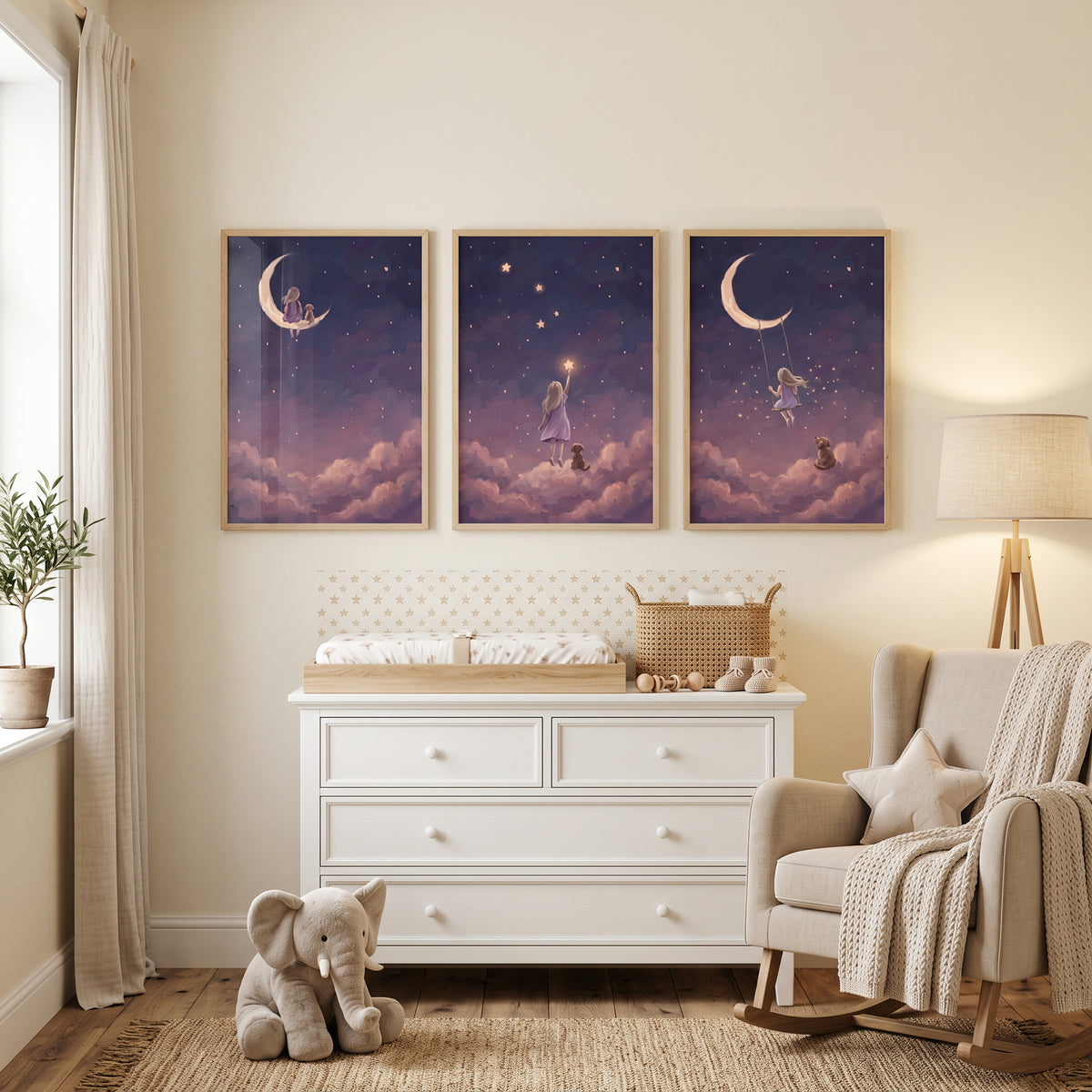 Velvet Plum Girl Dog Wall Art Set of 3 - Moonlit Dream Journey