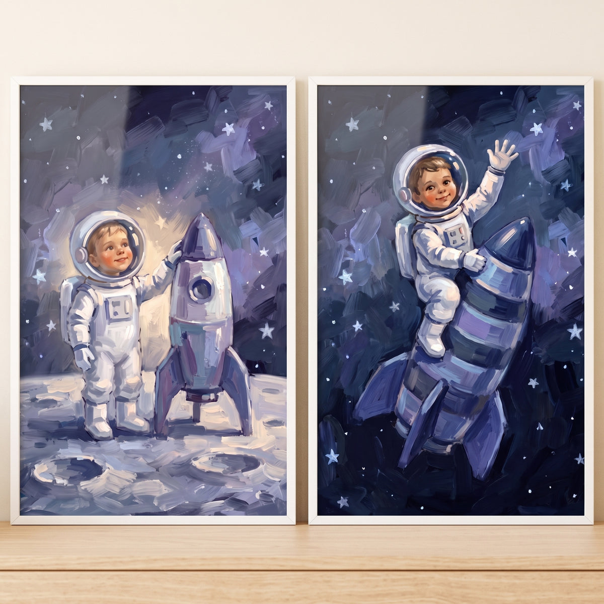 Velvet sky baby astronaut wall art set of 2 depicting a child on the moon and riding a rocket through a starry sky.