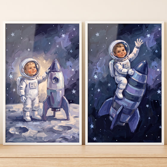 Velvet sky baby astronaut wall art set of 2 depicting a child on the moon and riding a rocket through a starry sky.