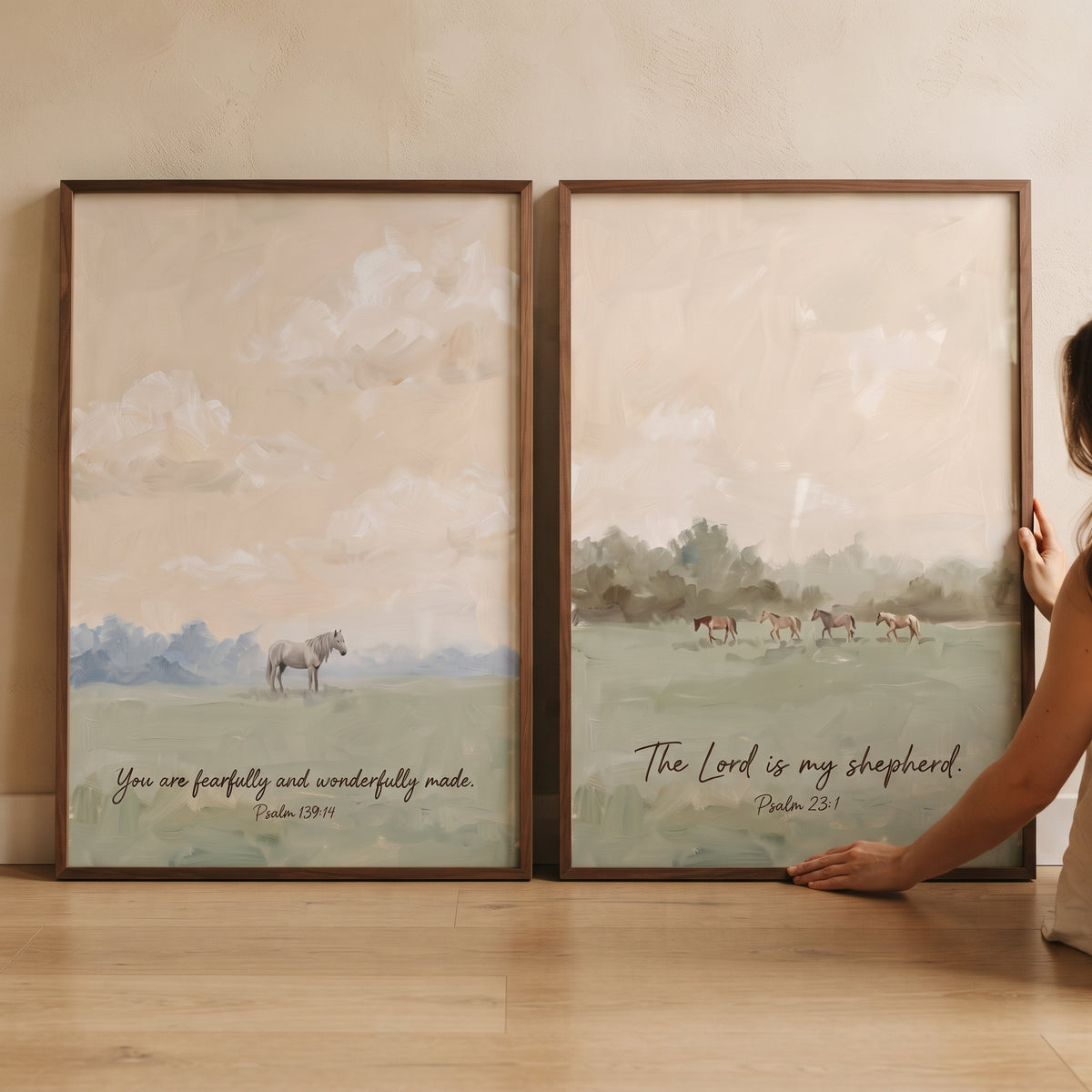 Verdant field grazing horses wall art set of 2 featuring scripture from Psalms and soft landscapes in wooden frames.