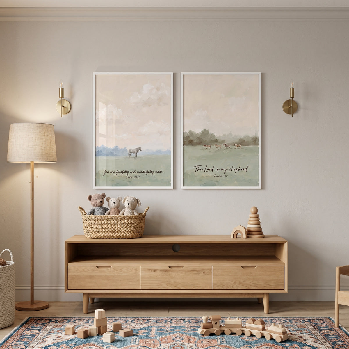 Verdant Field Grazing Horses Wall Art Set Of 2 - Graceful Meadow Verses