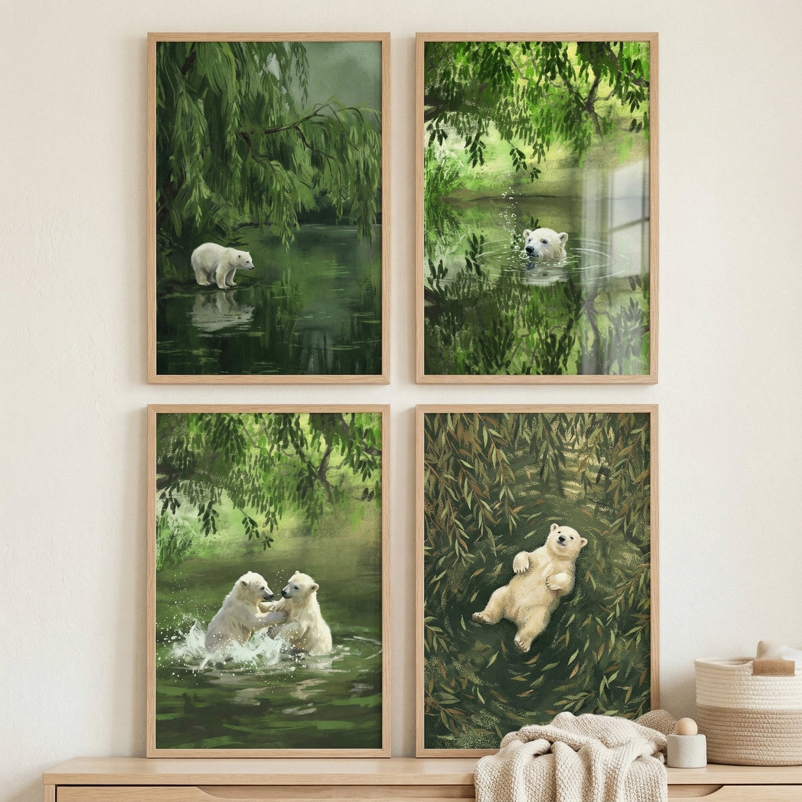 Verdant forest polar bear wall art set of 4 features bears swimming, playing, and resting in a lush green environment.
