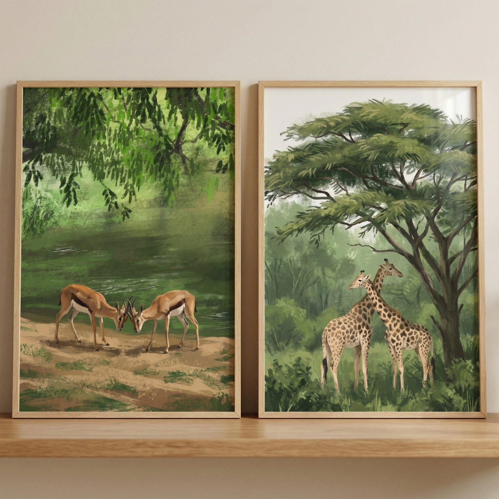 Two gazelles near a river and two giraffes under a tree in this verdant nature african animal artwork set of 2.