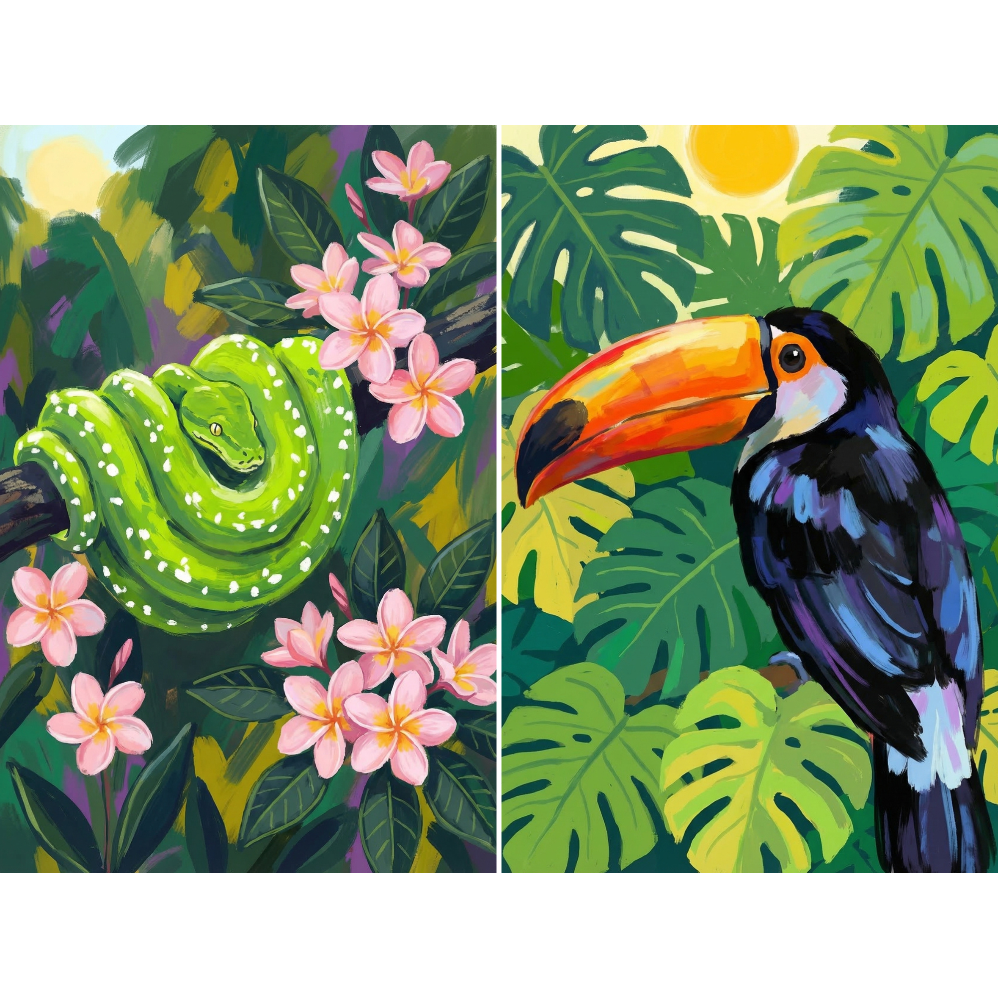 Verdant Tropical Jungle Animals Wall Art Set of 2 - Tropical Wildlife Duo