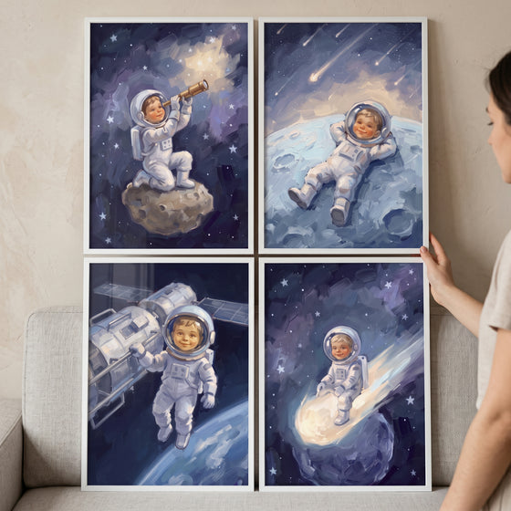 Vibrant blue baby astronaut wall art set of 4 featuring a child in a spacesuit on the moon, a comet, and with a telescope.