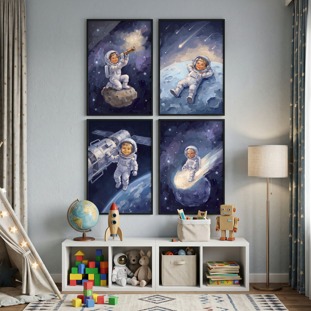 Vibrant Blue Baby Astronaut Wall Art Set of 4 - Tiny Astro Adventurer