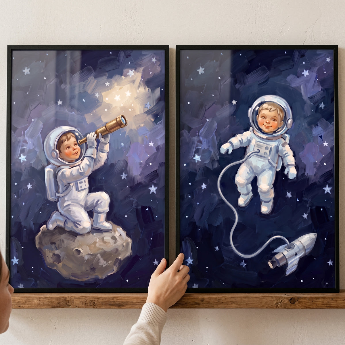 Vibrant celestial child astronaut wall art set of 2 with a child using a telescope and another floating in space.