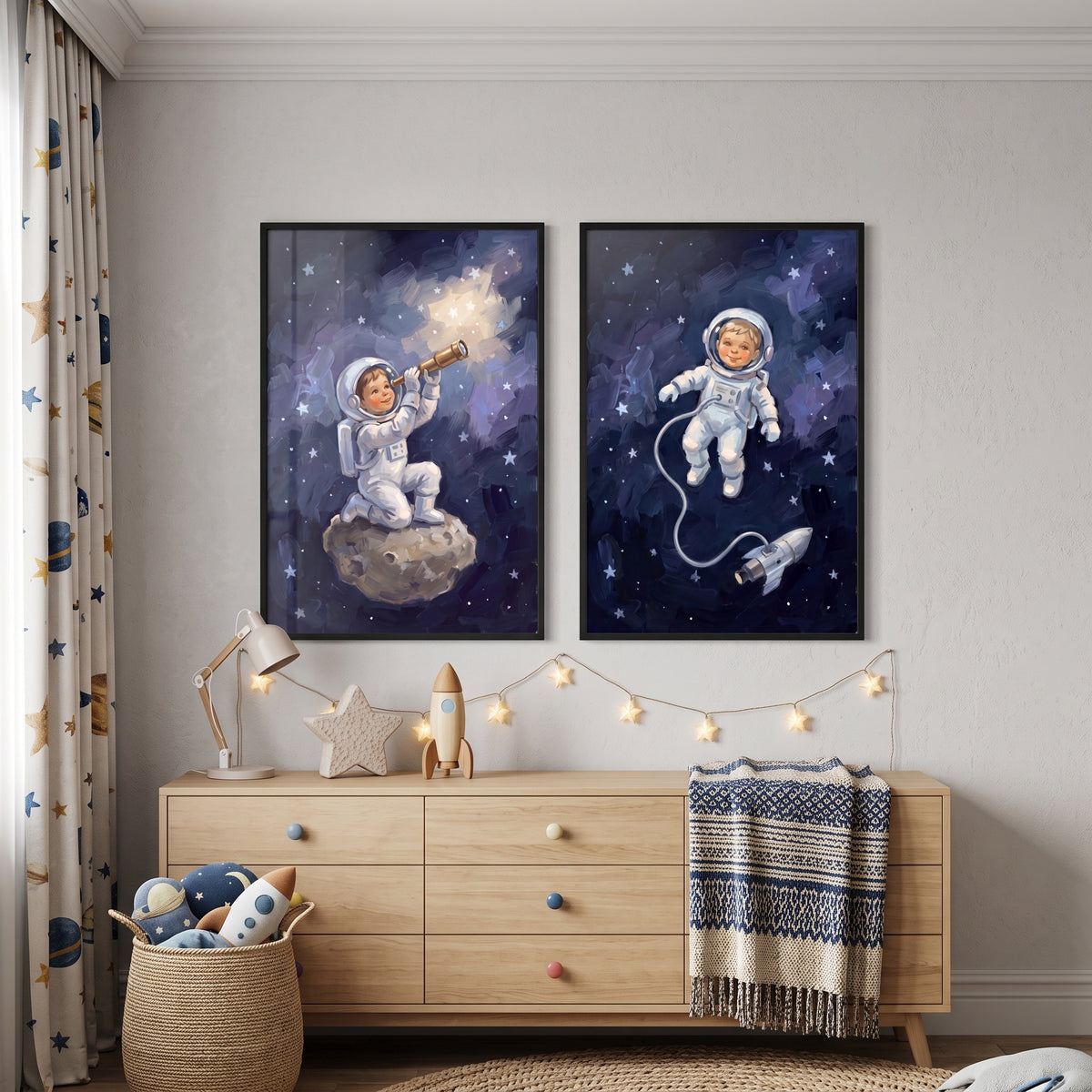 Vibrant Celestial Child Astronaut Wall Art Set of 2 - Little Space Explorer