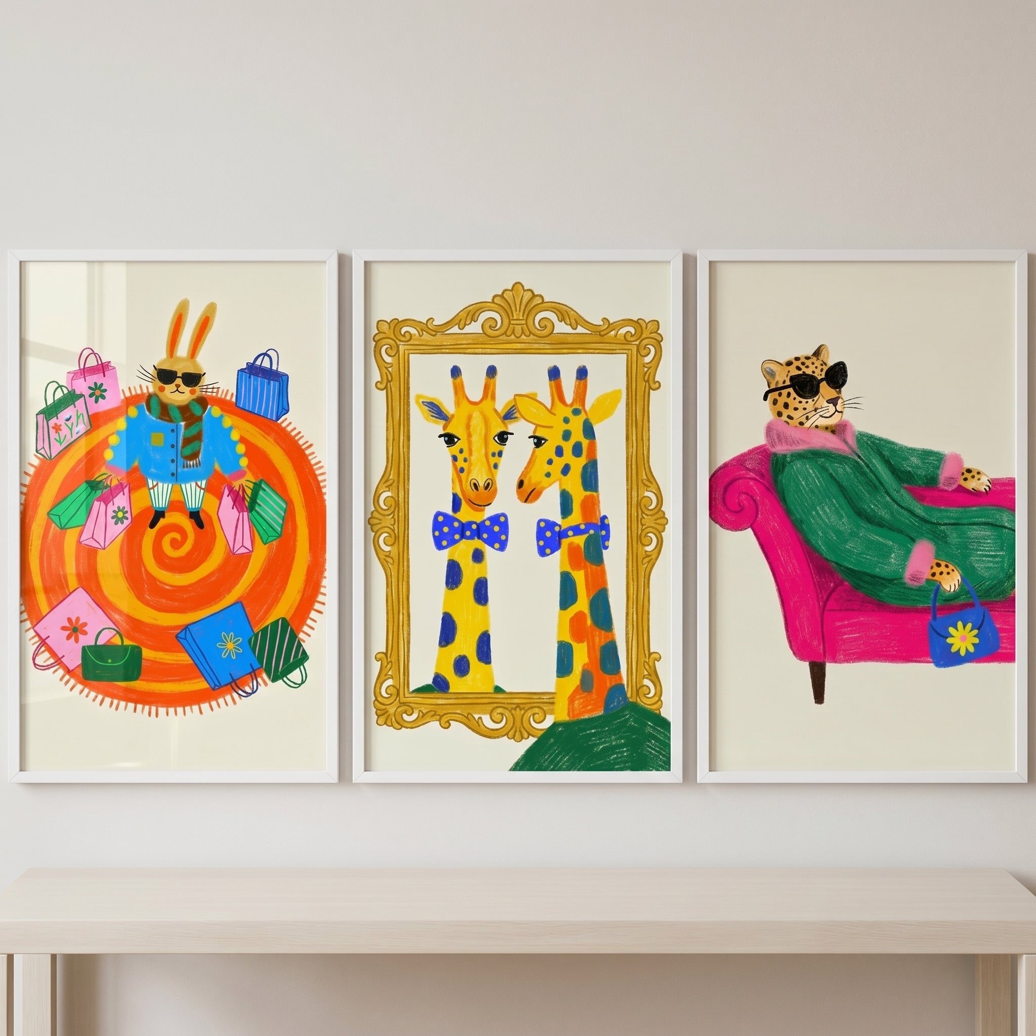 Vibrant Eclectic Animal Wall Art Set of 3 - Stylish Animal Trio