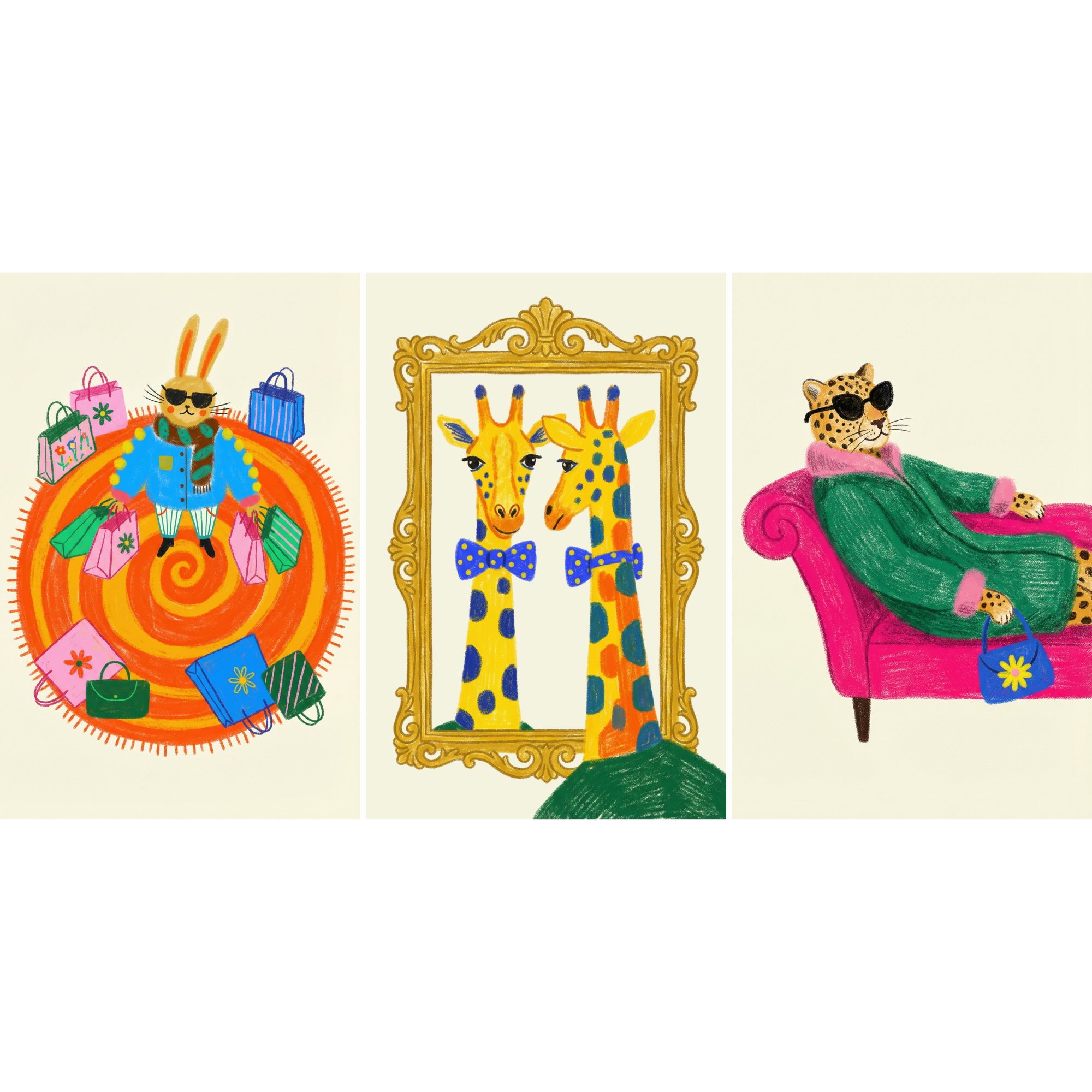 Vibrant Eclectic Animal Wall Art Set of 3 - Stylish Animal Trio