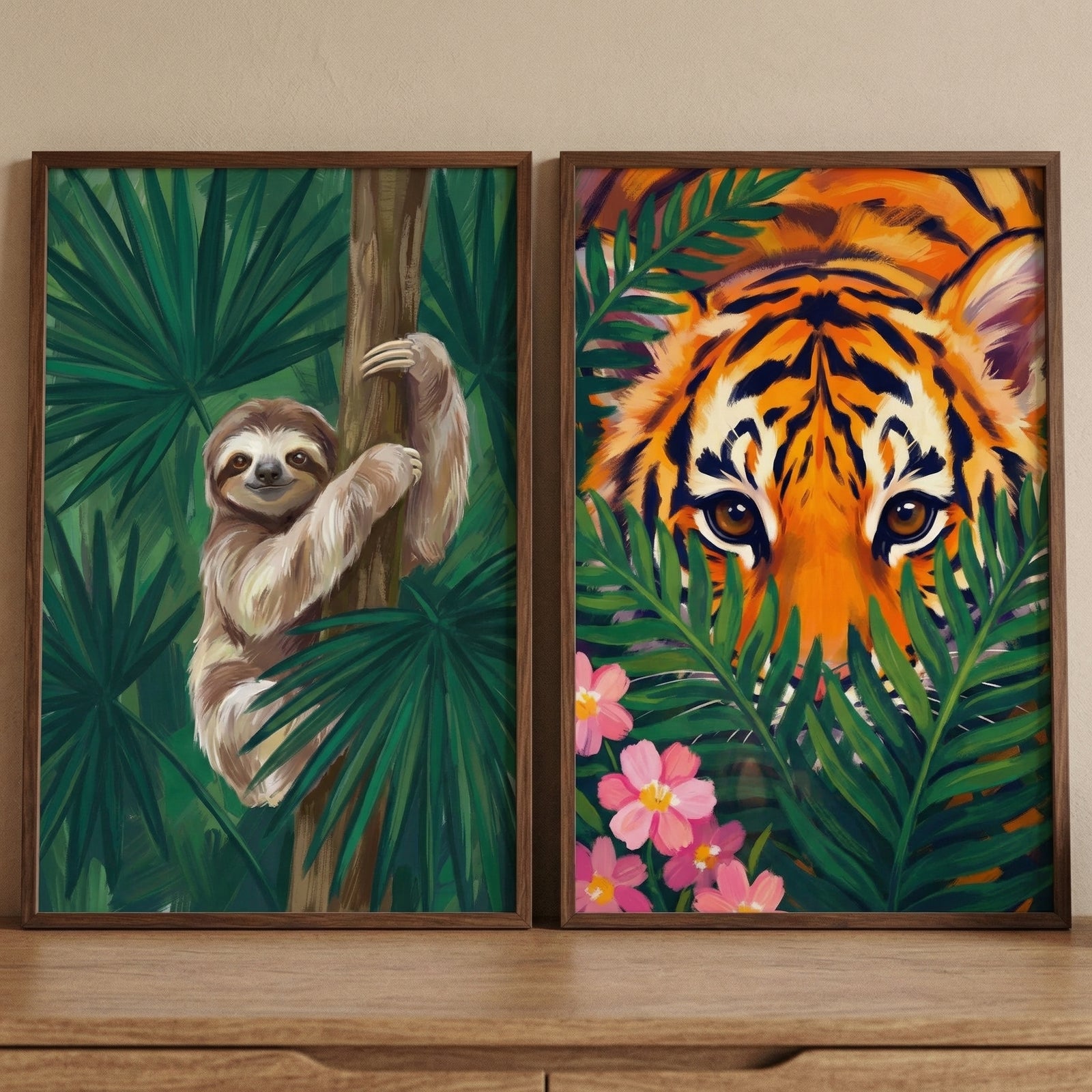 Two framed jungle animal paintings rest on a wooden surface against a neutral wall featuring a smiling sloth clinging to a tree among dense green leaves and a tiger peering through tropical foliage with pink flowers in the foreground.