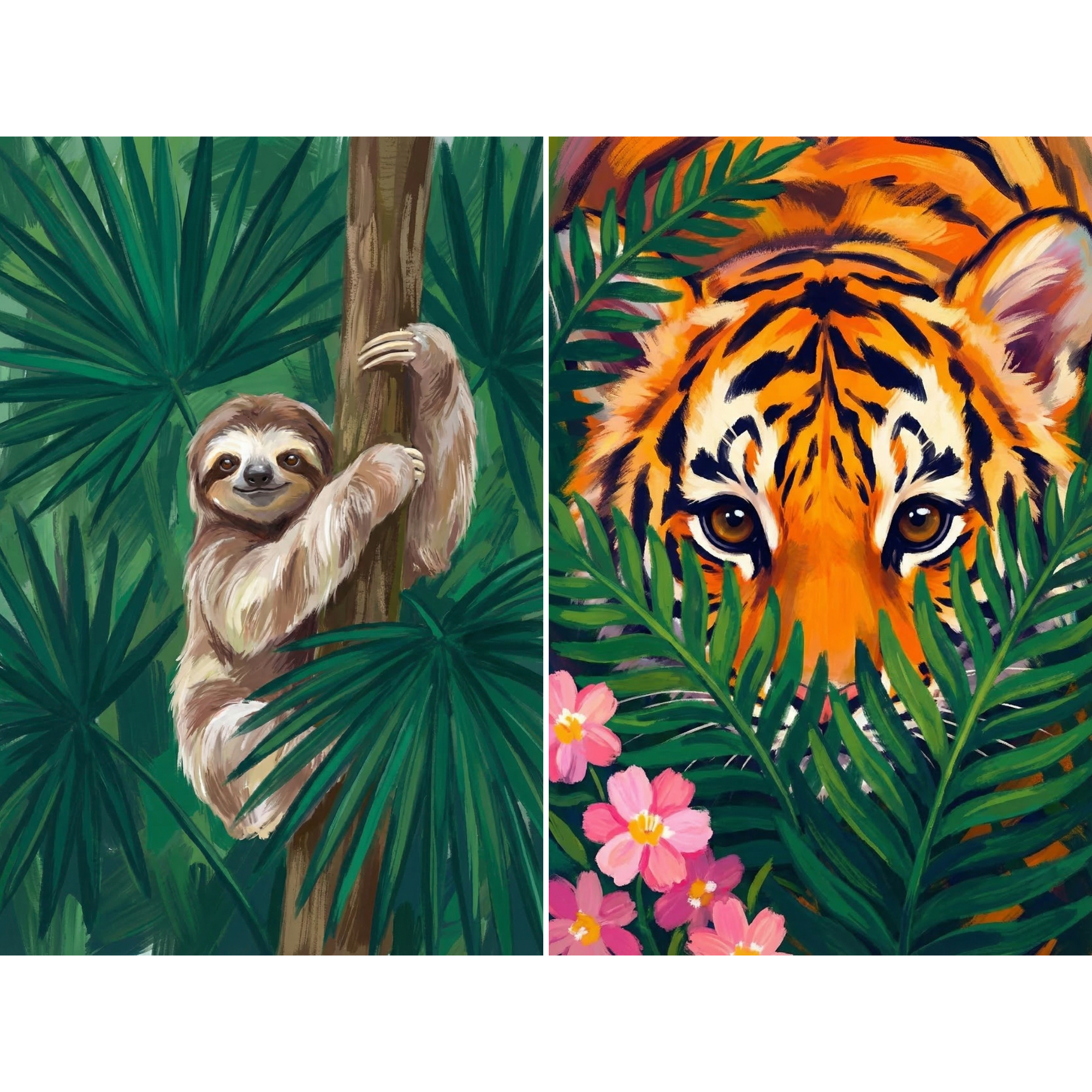 Vibrant Foliage Jungle Animal Wall Art Set of 2 - Tropical Jungle Friends