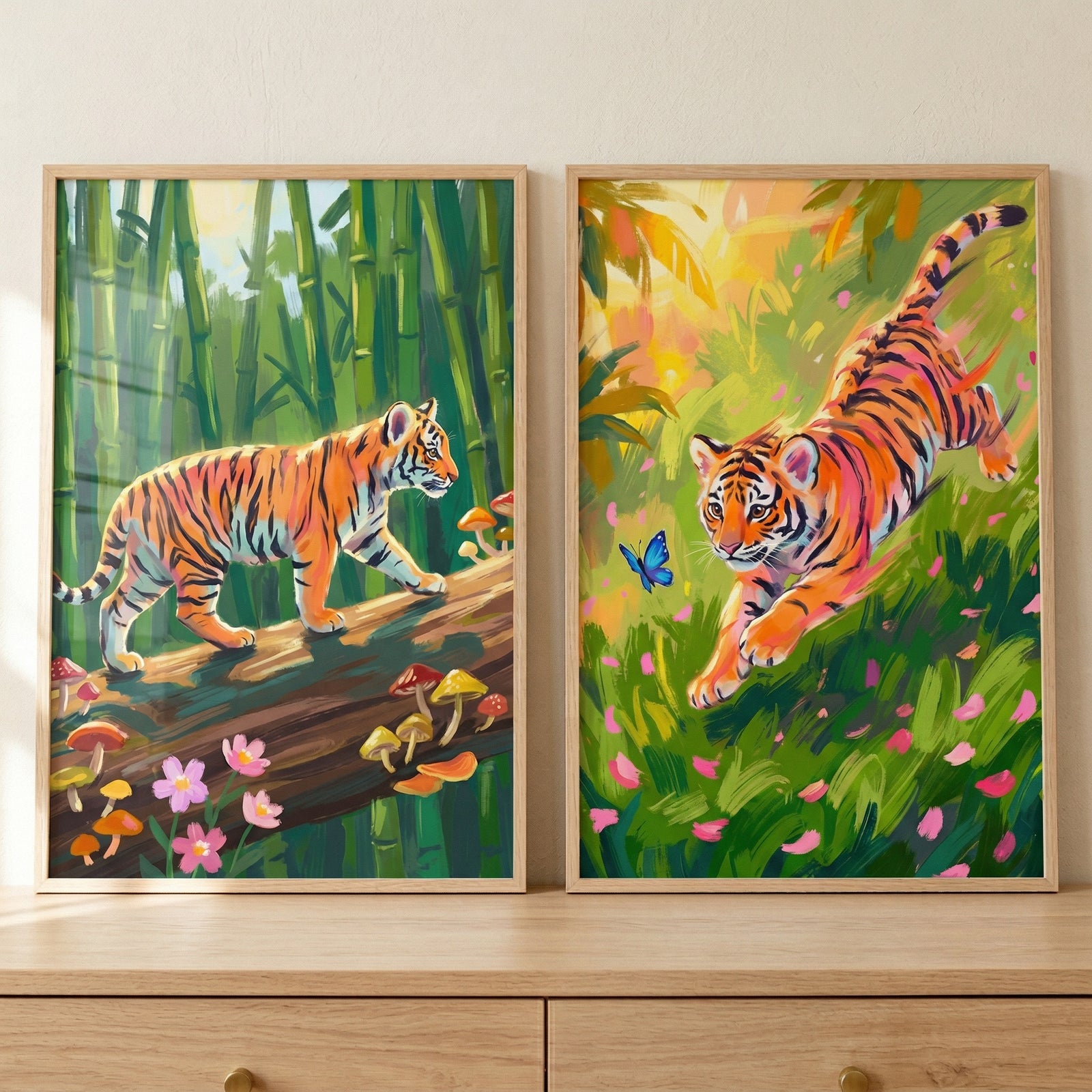 Two framed paintings of tiger cubs are displayed on a wooden surface against a neutral wall. One shows a cub walking along a log in a green forest with mushrooms and flowers while the other shows a cub leaping through grass toward a blue butterfly with pink petals scattered around.