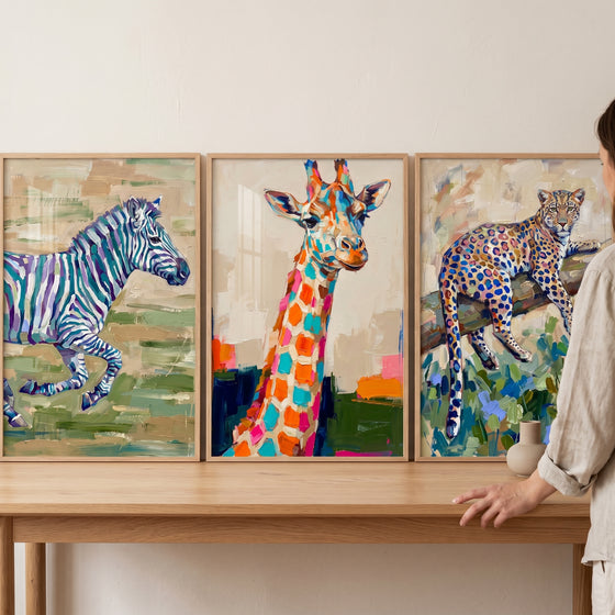 Vibrant Impasto Style Safari Animal Wall Art Set of 3 - Vibrant Safari Trio