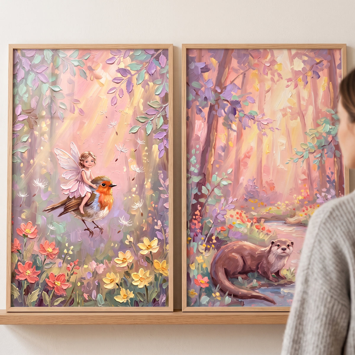 Vibrant impasto woodland forest wall art set of 2 featuring a fairy on a robin and an otter near a stream.