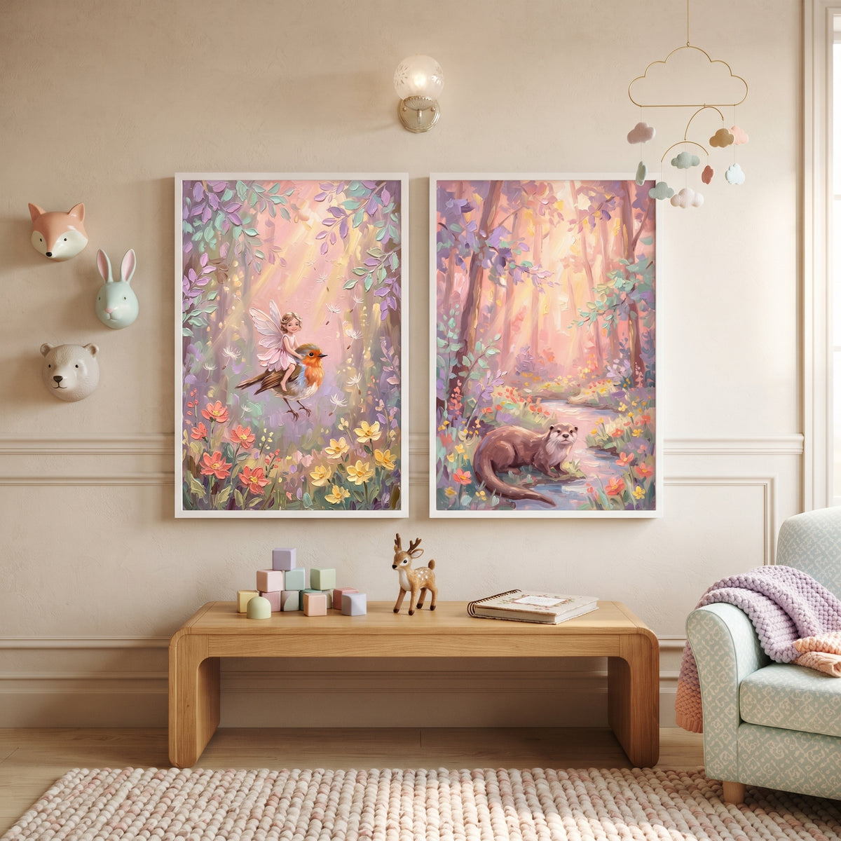 Vibrant Impasto Woodland Forest Wall Art Set of 2 - Whimsical Woodland Tales