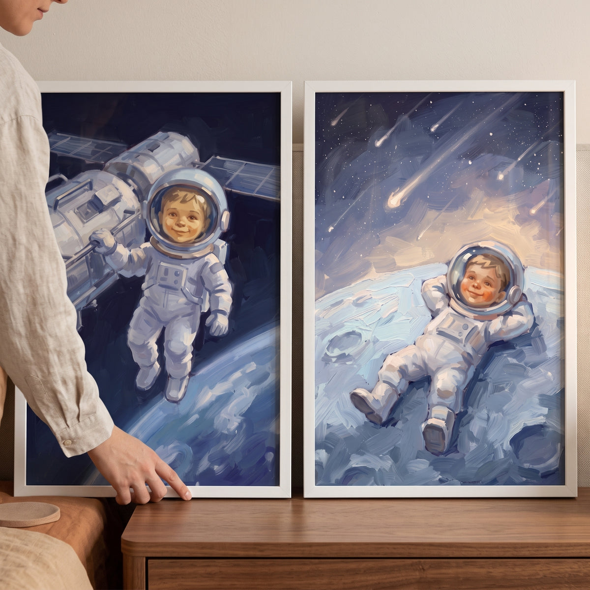 Vibrant Indigo Toddler Astronaut Wall Art Set of 2 - Young Stellar Voyager