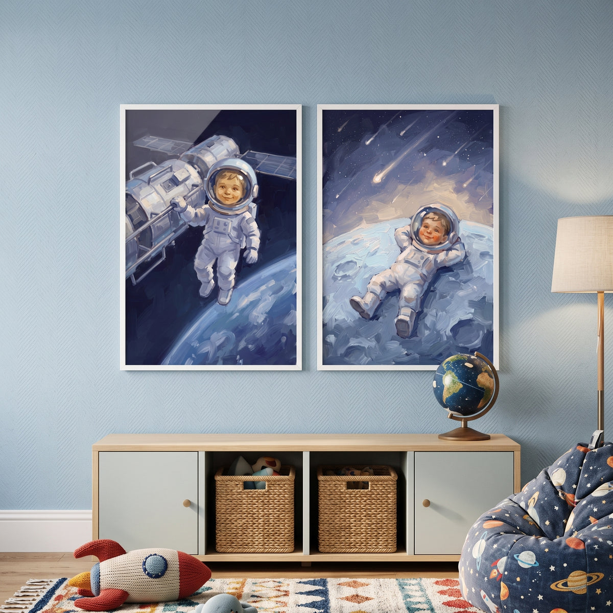 Vibrant Indigo Toddler Astronaut Wall Art Set of 2 - Young Stellar Voyager