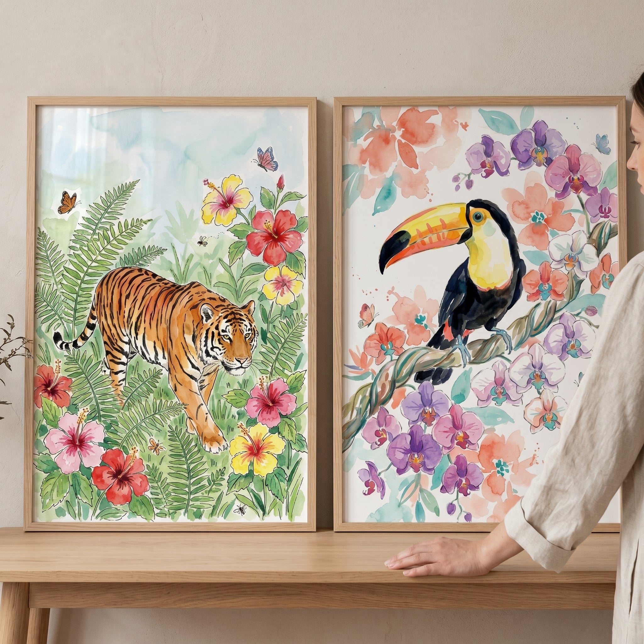 Vibrant Jungle Animal Wall Art Set of 2 - Tropical Wildlife Duo