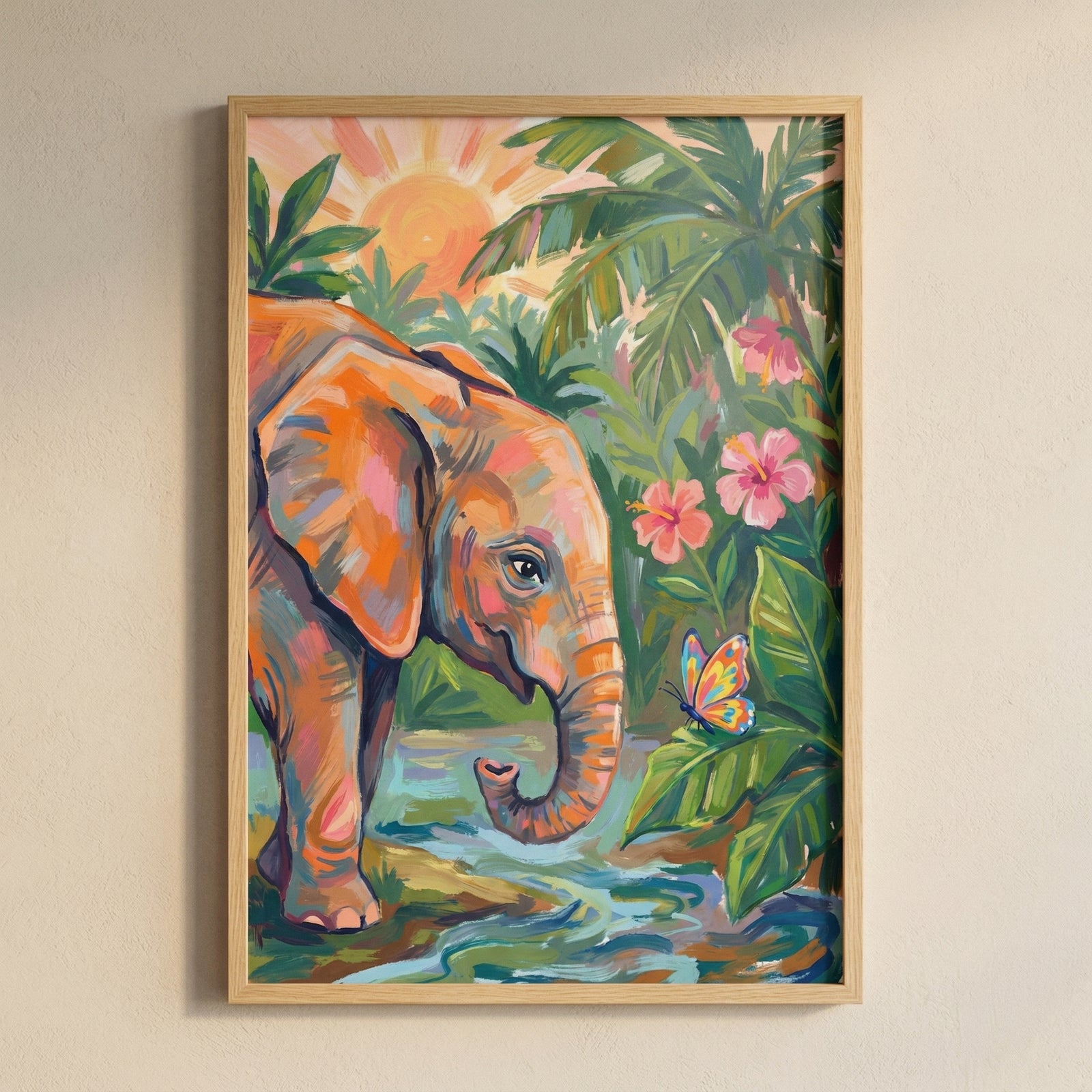 This illustrative artwork features a young elephant in a vibrant, lush tropical setting. The elephant, rendered with expressive strokes of orange, peach, and pink accented with blue highlights, stands near a flowing stream. 
