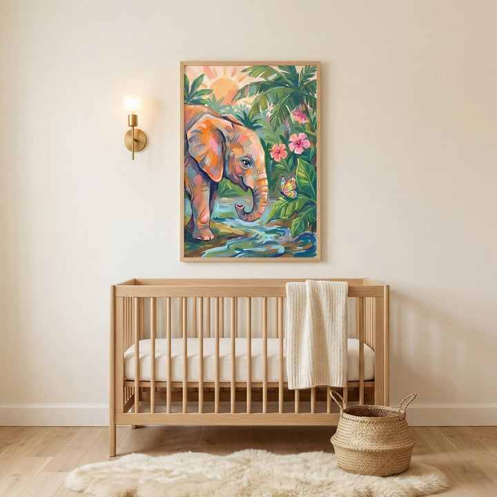 A clean and minimalist nursery interior featuring a large, vertical framed artwork centered above a natural wood crib. The colorful illustration in the frame depicts a whimsical baby elephant in a lush tropical jungle. 