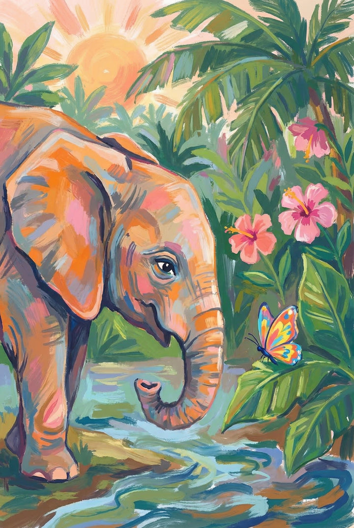 An elephant stands beside a winding stream looking down at a colorful butterfly resting on a leaf. Pink flowers and tropical plants fill the background under a warm sun. The interaction feels gentle and curious.
