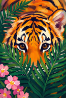 A bright orange tiger peers forward through green jungle leaves with only its eyes and face visible. Pink flowers frame the foreground while bold brushstrokes emphasize the tiger’s stripes and gaze. The composition feels vivid and slightly hidden like a jungle encounter.
