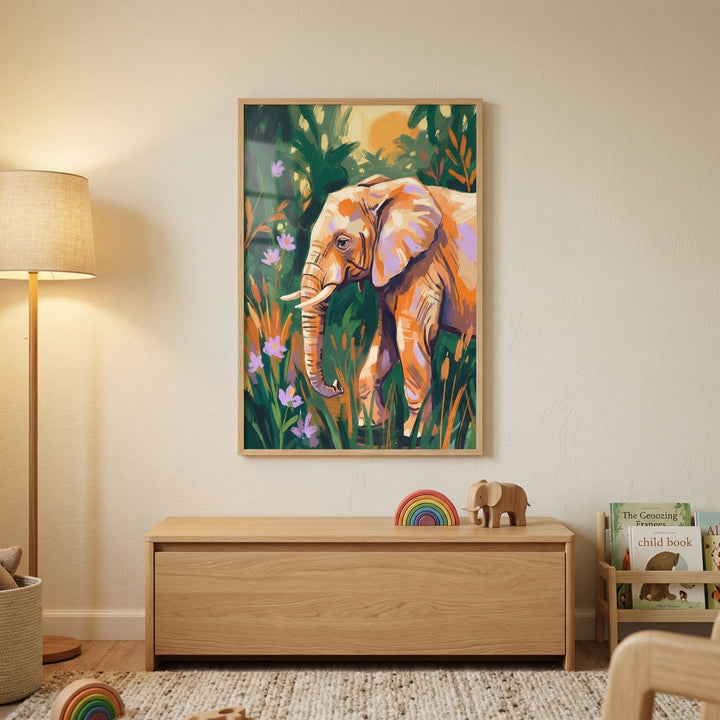 A colorful illustration of an elephant in vibrant shades of orange and violet, walking through a lush green jungle filled with purple flowers under a glowing yellow sun, is featured in a light wood frame. This framed piece is centered on a light beige wall in a serene child's room. 