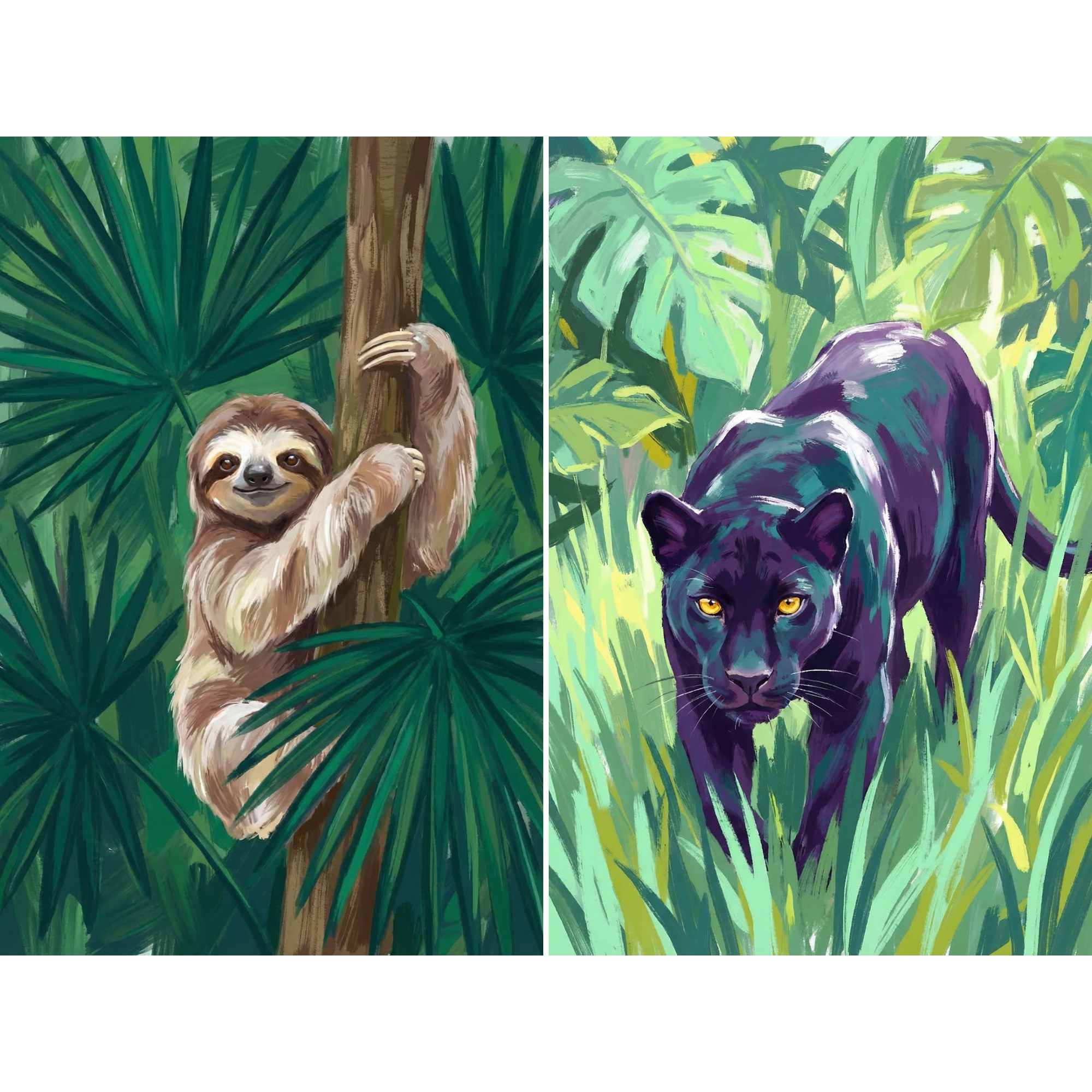 Vibrant Painterly Jungle Animals Wall Art Set of 2 - Jungle Life Duo