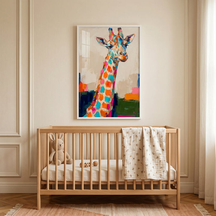Vibrant palette knife giraffe artwork hangs above a wood crib with a stuffed bunny and blanket in a neutral nursery.