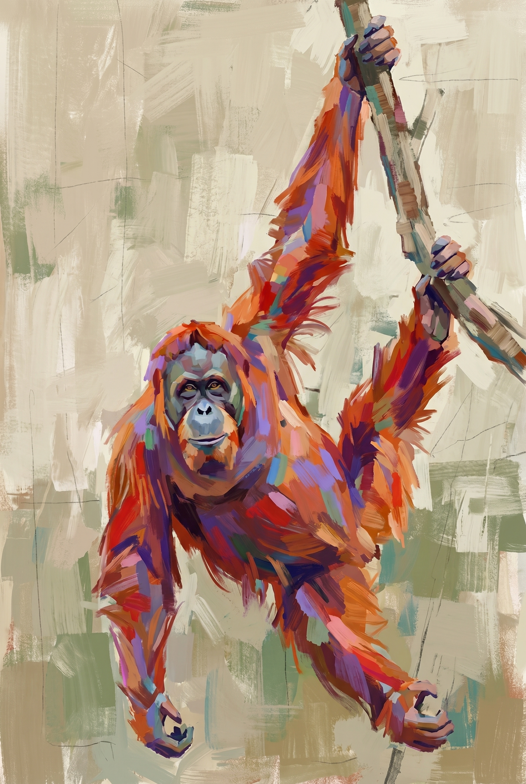 Vibrant Palette Knife Orangutan Wall Art - Radiant Jungle Swing