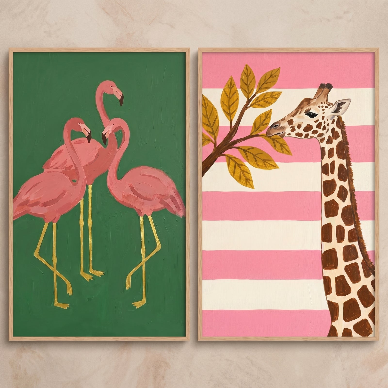 Vibrant pink safari animal wall art set of 2 featuring three flamingos on green and a giraffe on pink and white stripes.