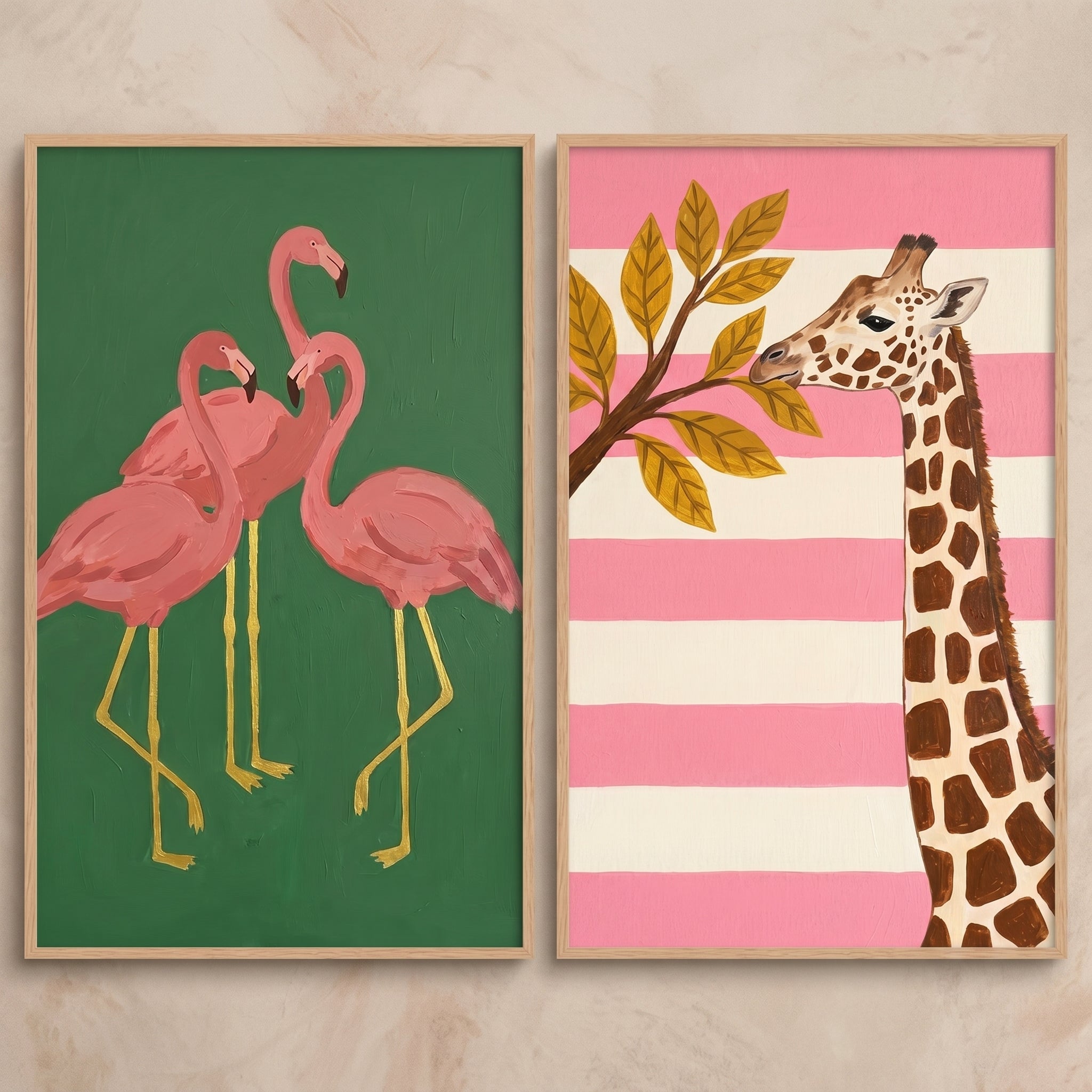 Vibrant Pink Safari Animal Wall Art Set Of 2 - Vibrant Animal Portraits
