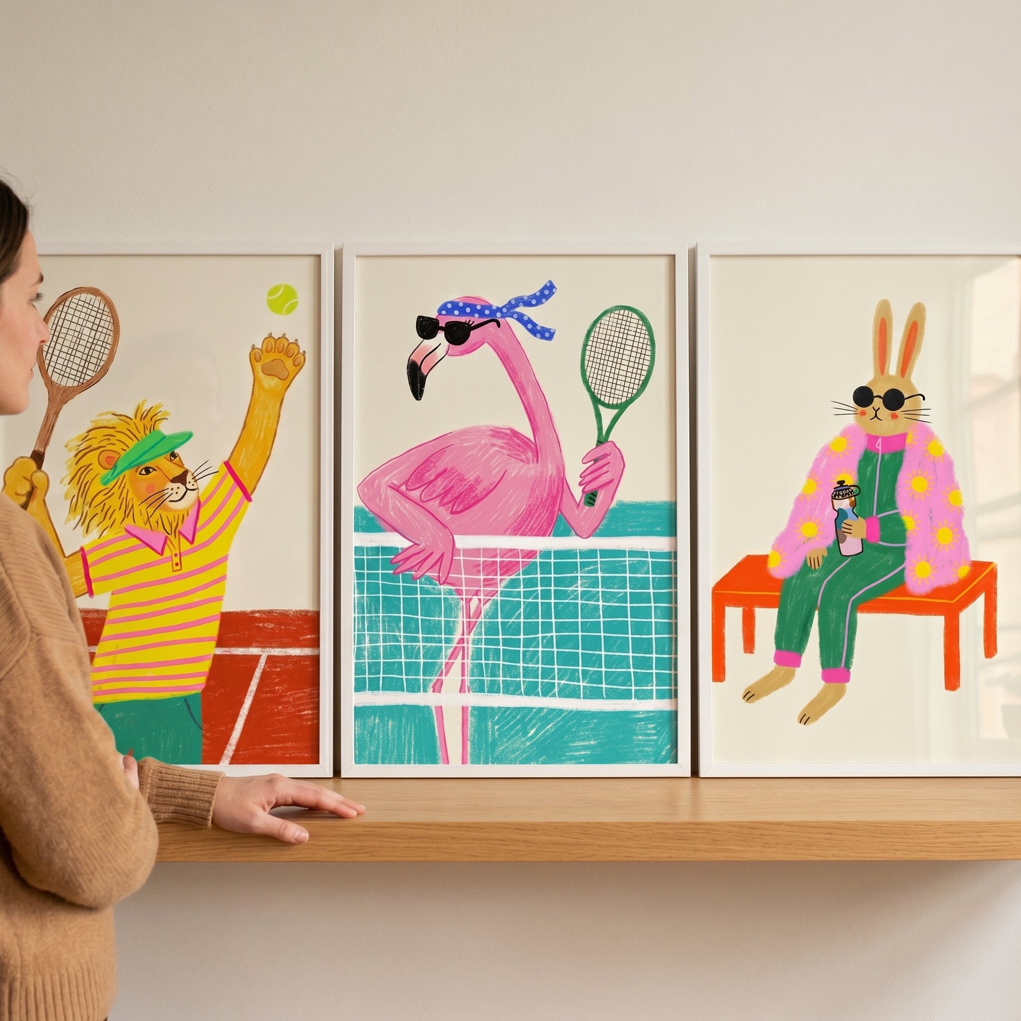 Vibrant Preppy Tennis Animal Wall Art Set of 3 - Colorful Court Animals