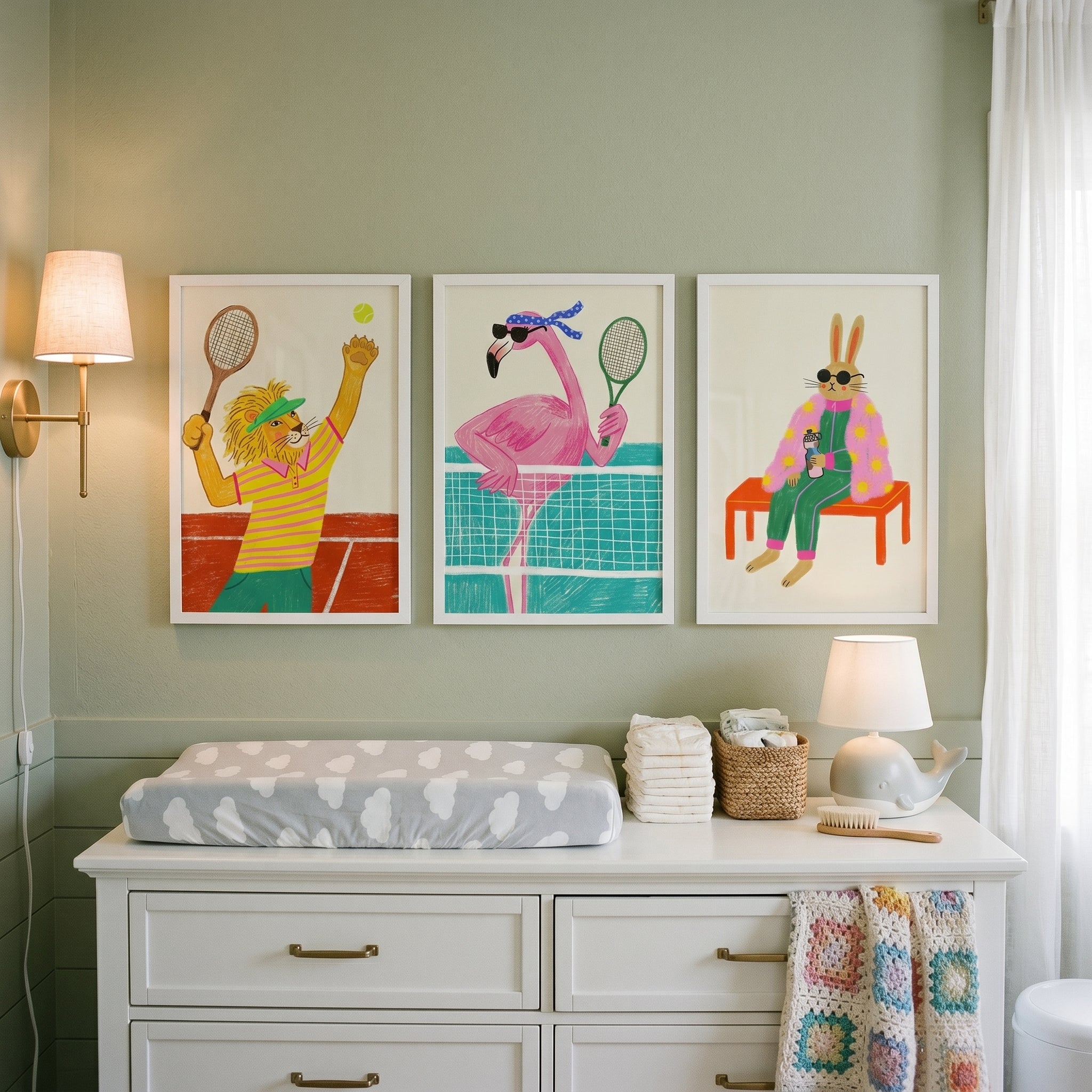 Vibrant Preppy Tennis Animal Wall Art Set of 3 - Colorful Court Animals