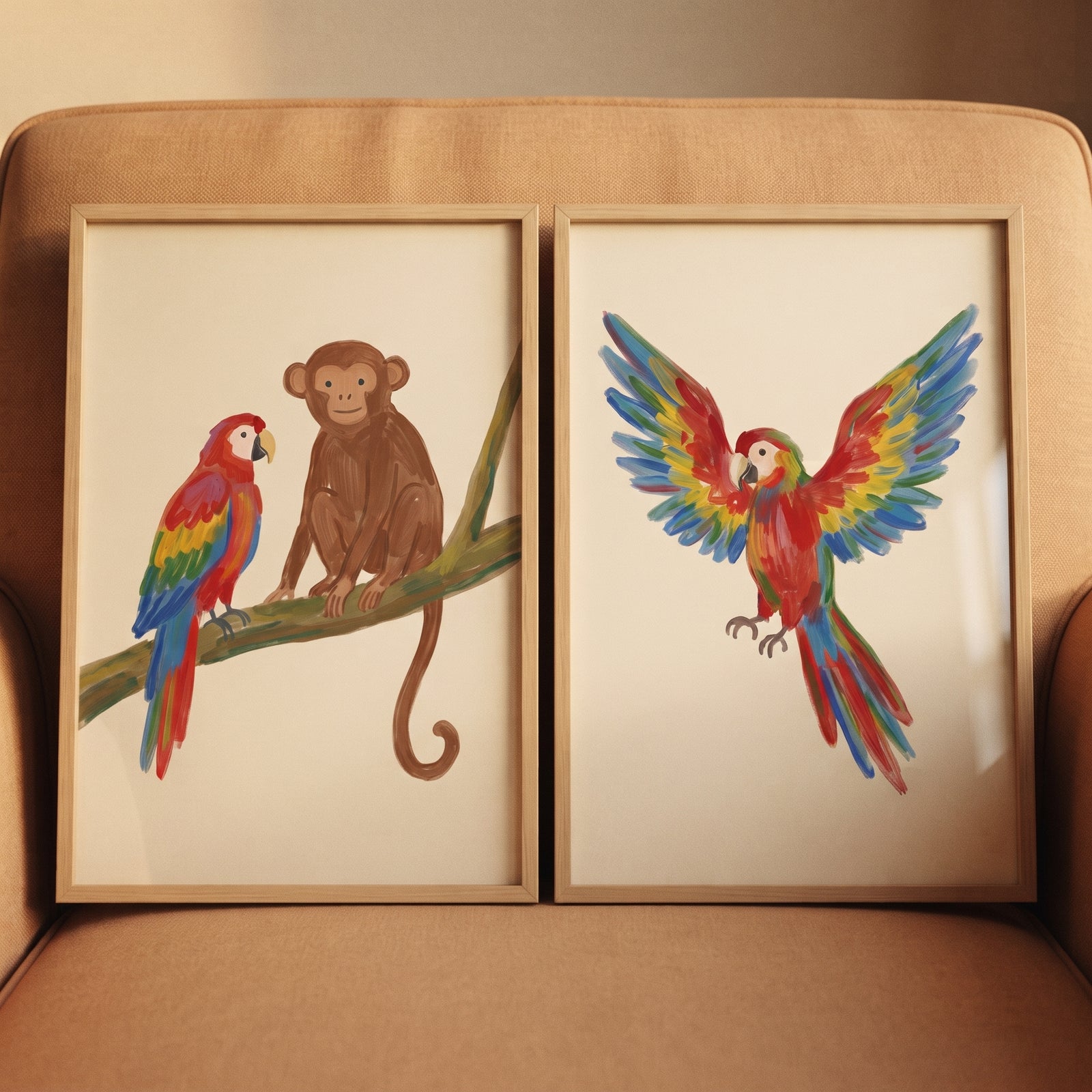 vibrant scarlet macaw animals wall art set of 2 featuring a monkey and bird on a branch and a flying macaw.