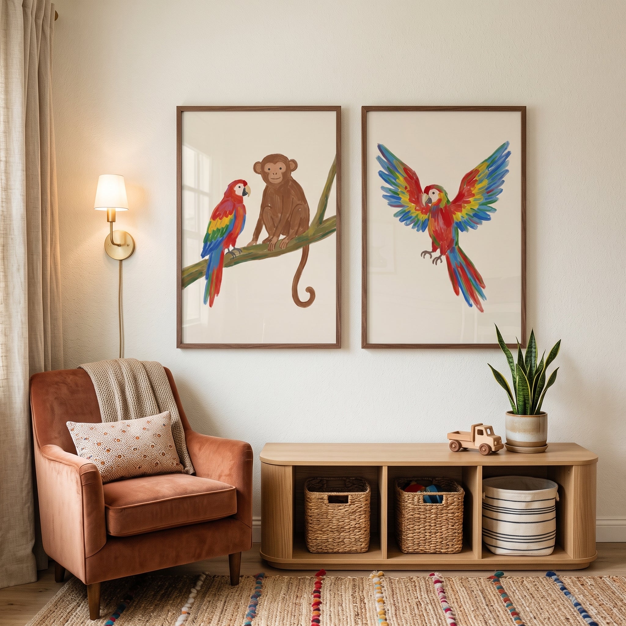 Vibrant Scarlet Macaw Animals Wall Art Set of 2 - Colorful Parrot Duo