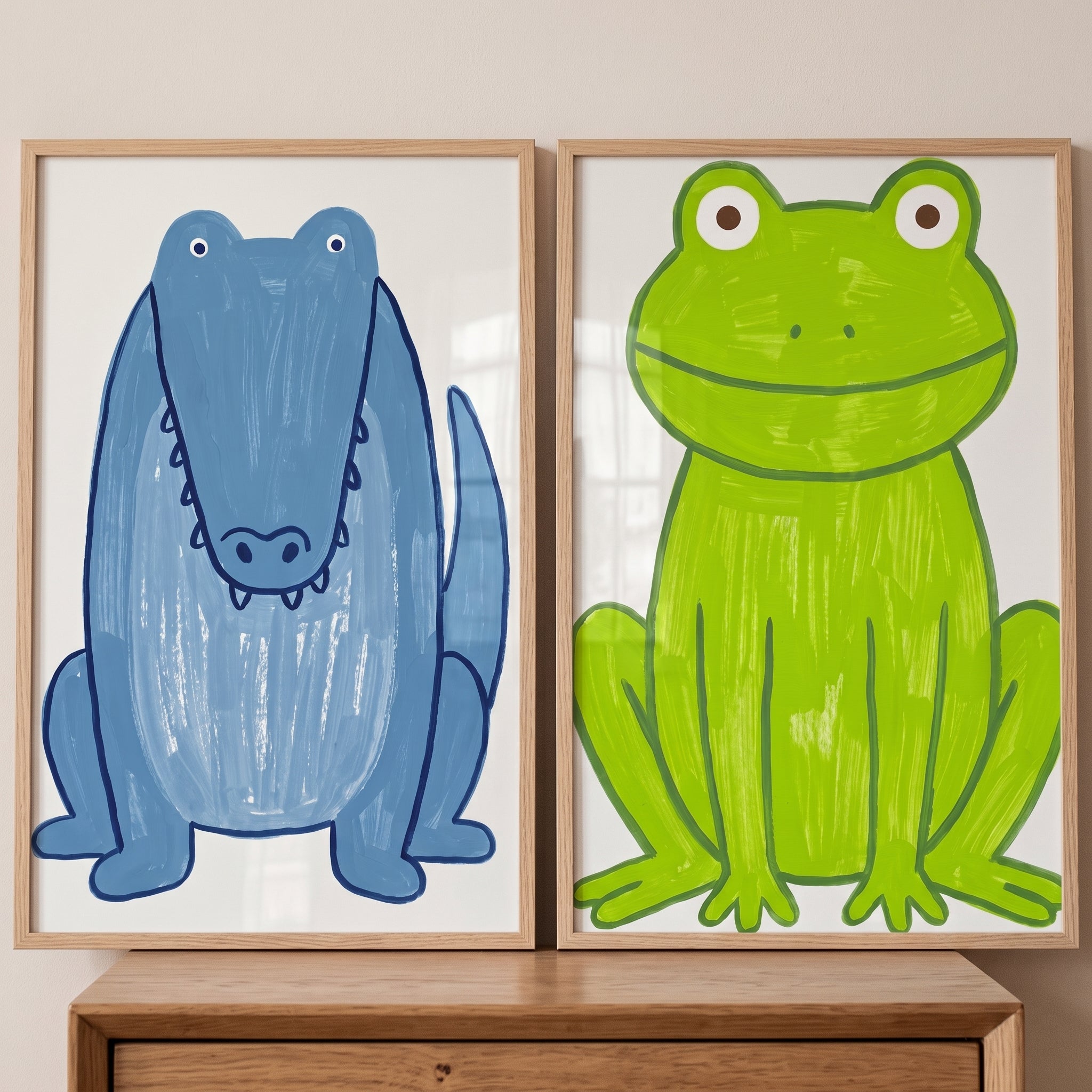 Vibrant Sitting Animals Wall Art Set of 2 - Smiling Swamp Friends