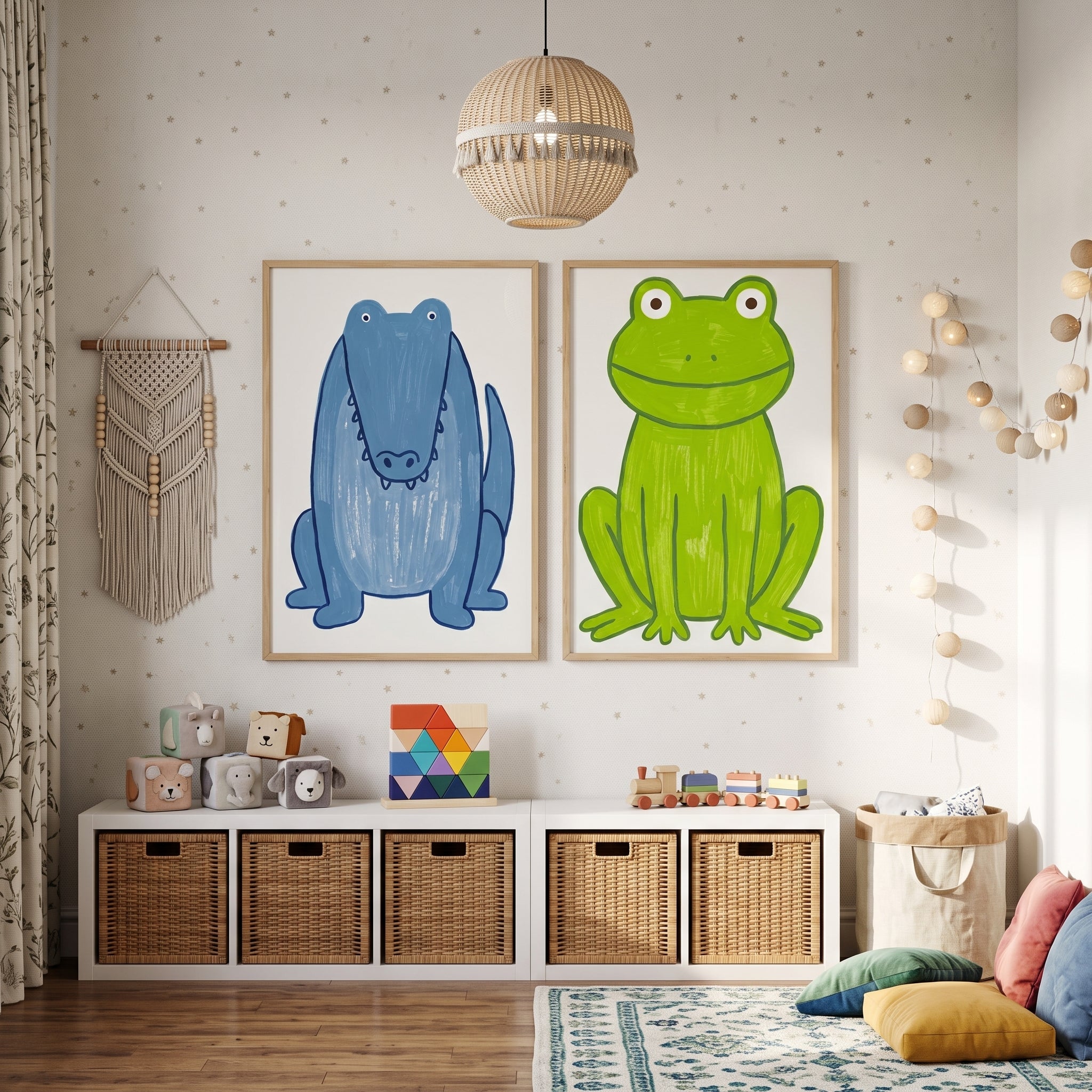 Vibrant Sitting Animals Wall Art Set of 2 - Smiling Swamp Friends