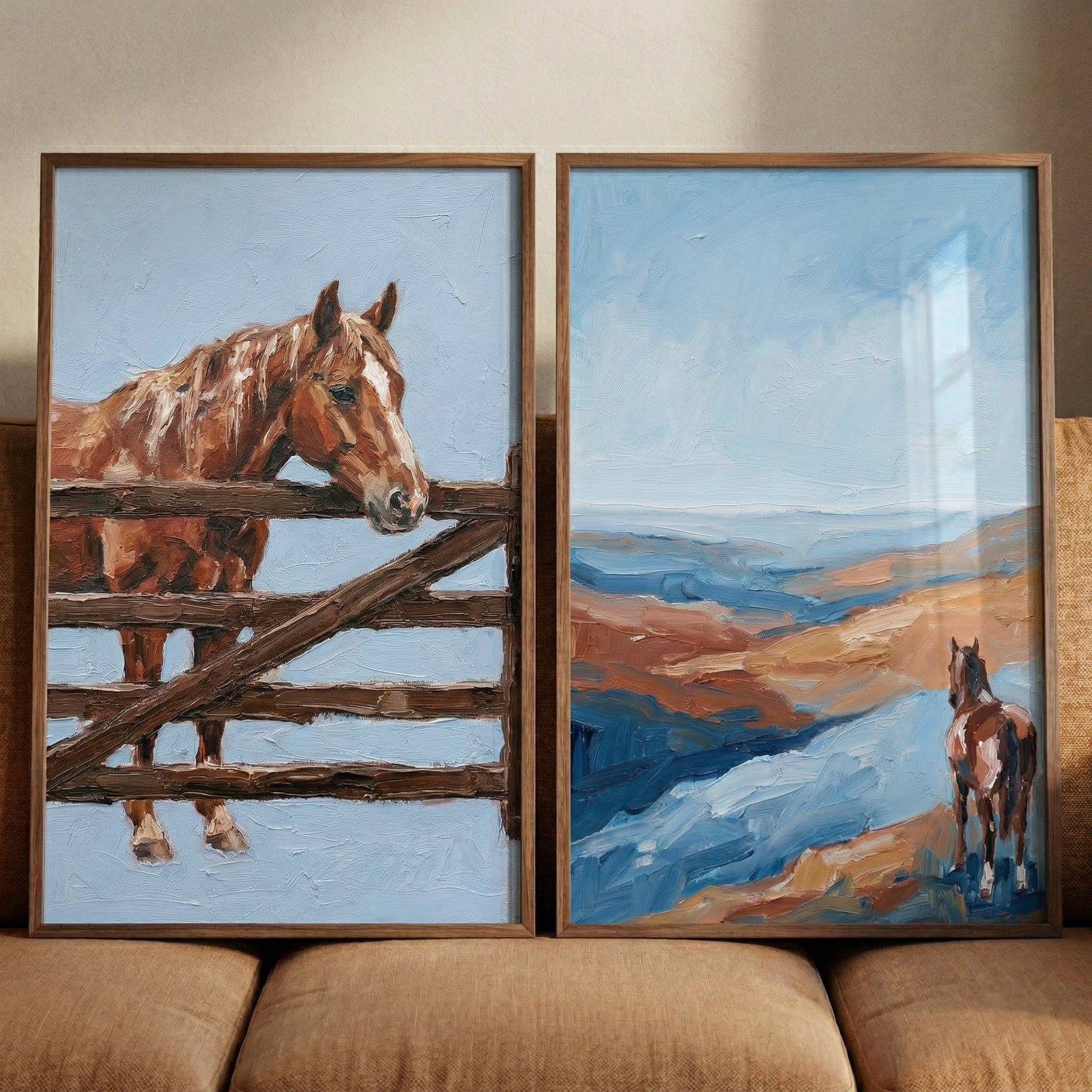 Two framed textured horse paintings displayed side by side, one showing a brown horse leaning over a wooden fence and the other showing a horse standing in a wide open landscape with rolling hills and a winding river. The soft blue and earthy tones create a calm rustic countryside feel.