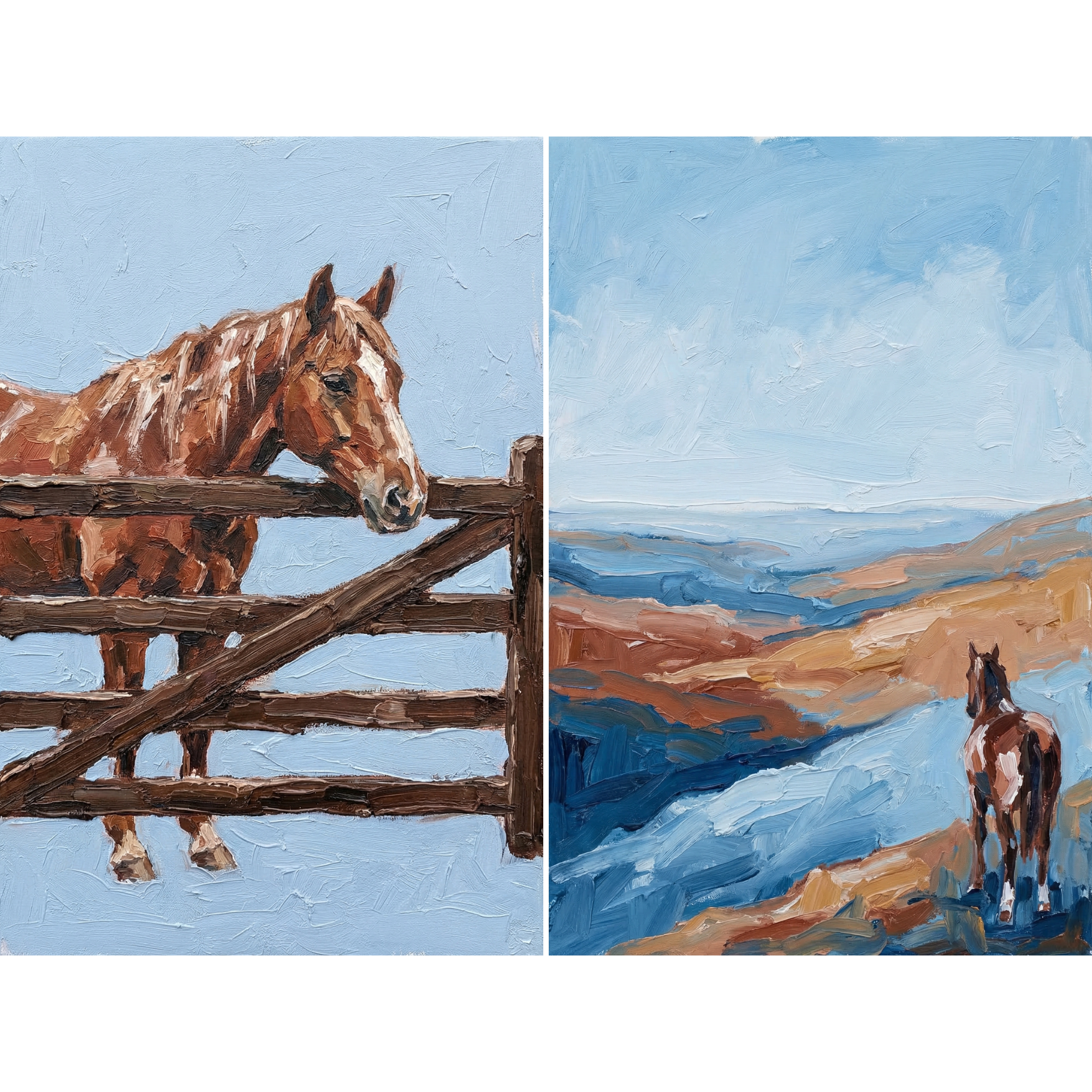 Vibrant Sky Chestnut Horse Wall Art Set of 2 - Rustic Equine Duo