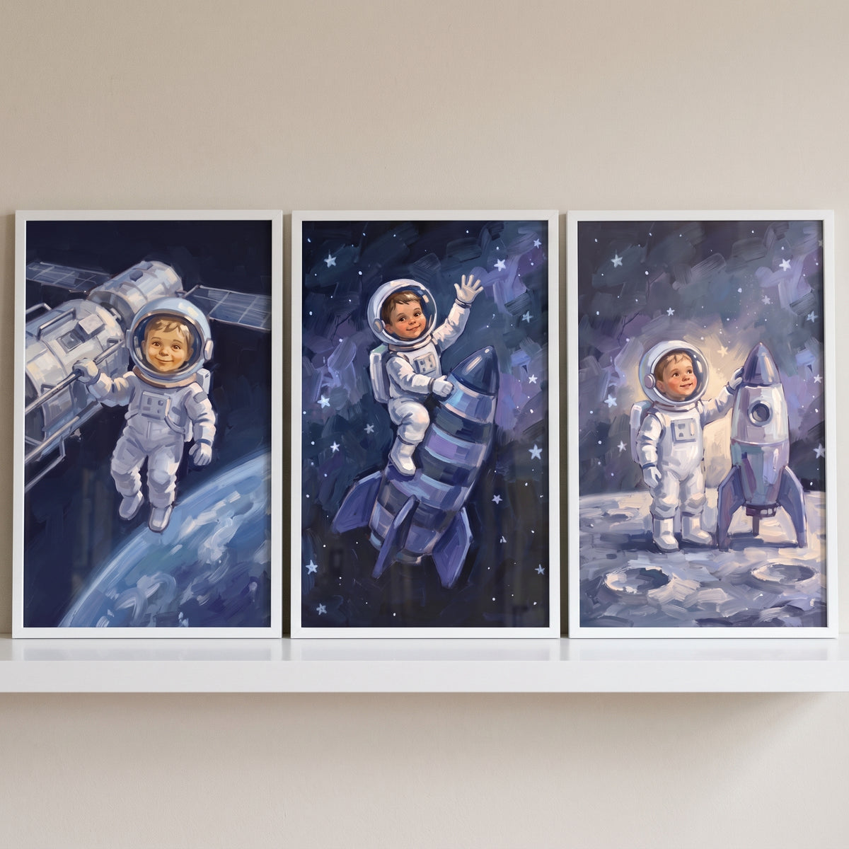 Vibrant Starry Child Astronaut Wall Art Set of 3 - Cosmic Moon Journey