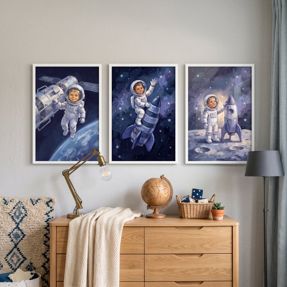 Vibrant Starry Child Astronaut Wall Art Set of 3 - Cosmic Moon Journey