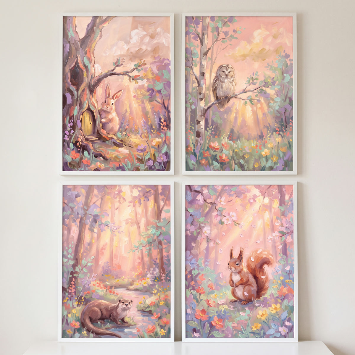 Vibrant sunlit forest wall art set of 4 featuring a bunny, owl, otter, and squirrel in a colorful pastel woodland.