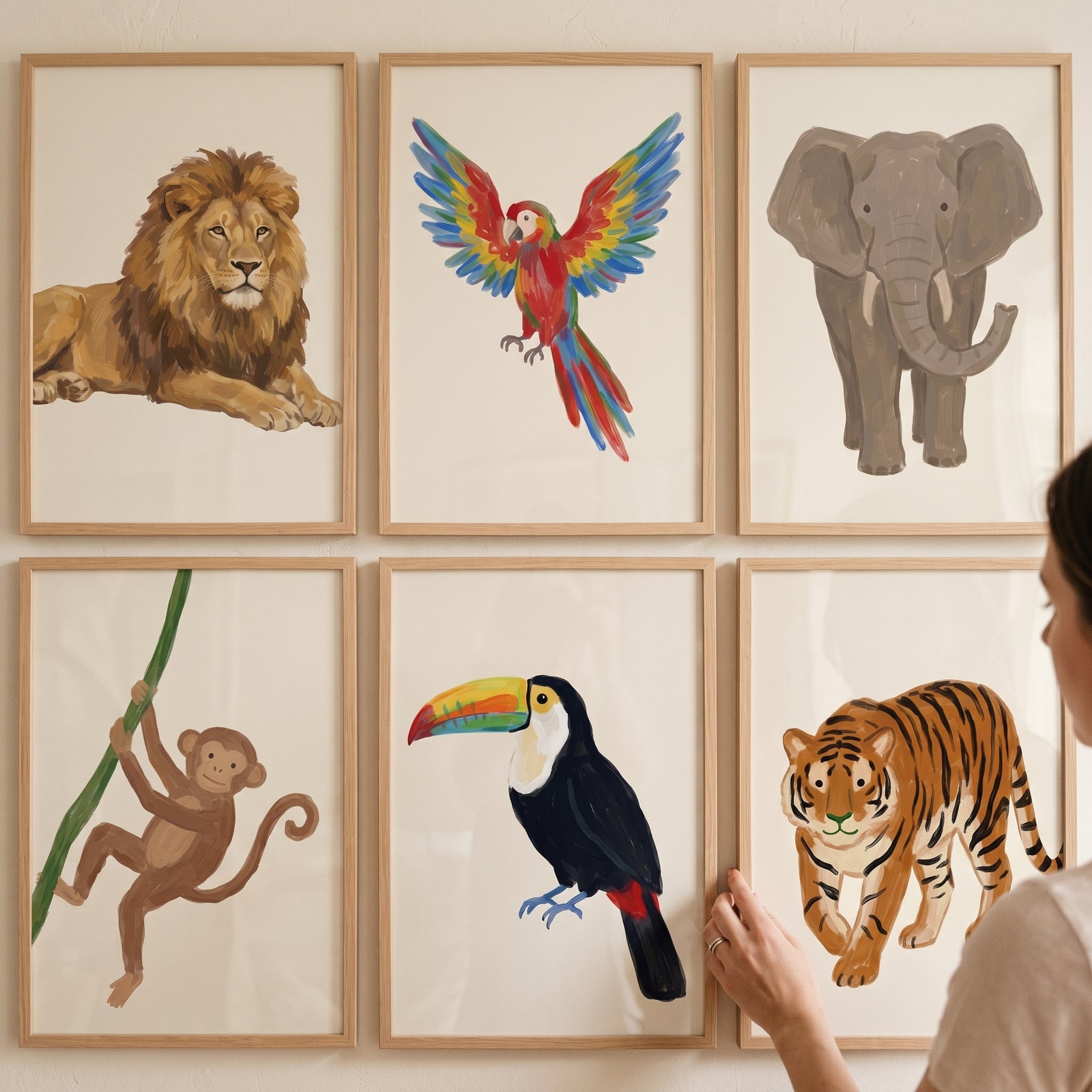 Vibrant textured jungle animals wall art set of 6 featuring a lion, macaw, elephant, monkey, toucan, and tiger.