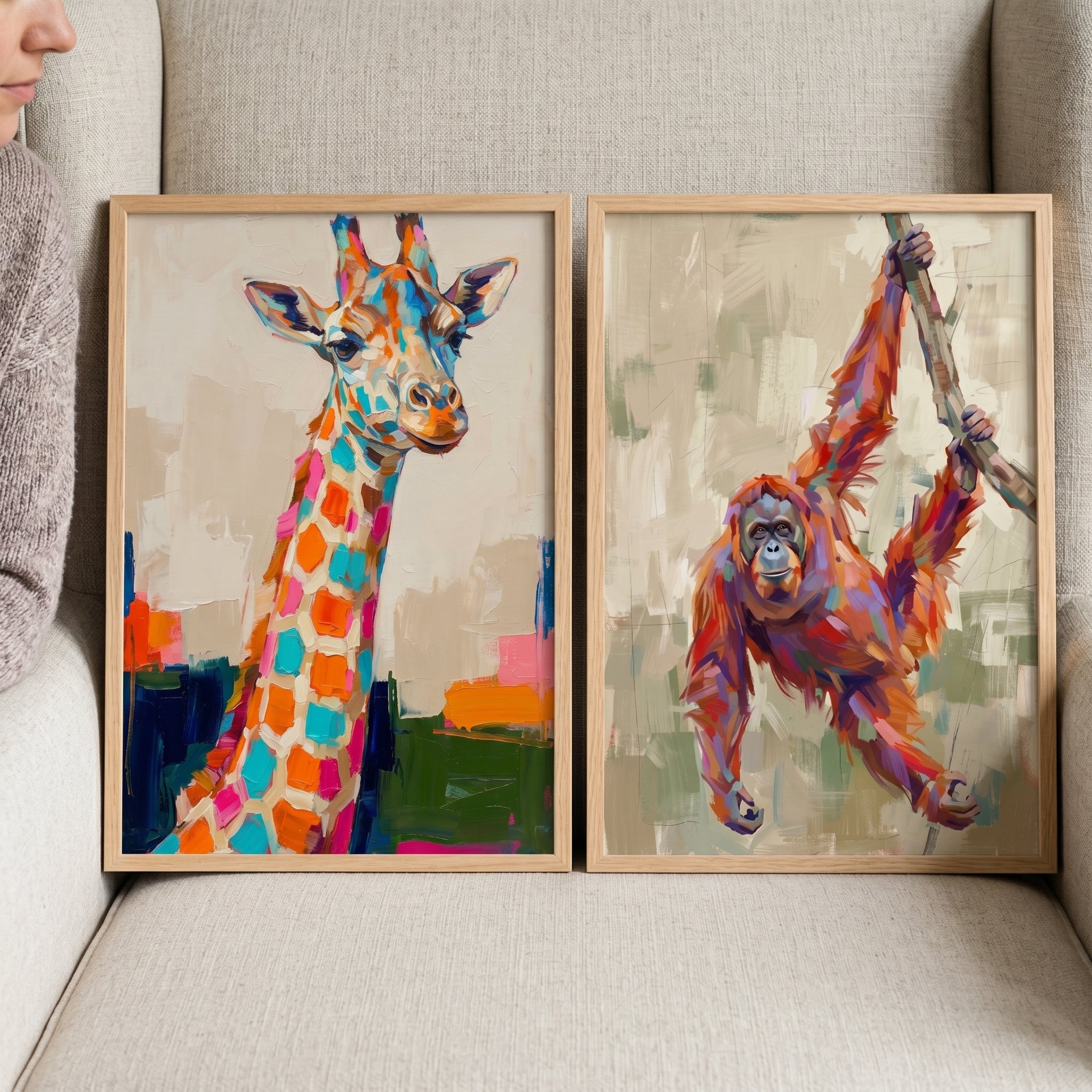 Vibrant Textured Wild Animal Wall Art Set of 2 - Colorful Jungle Spirits