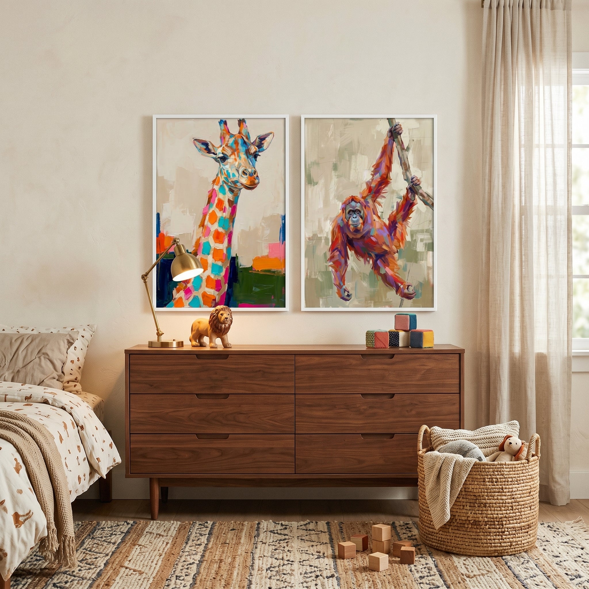 Vibrant Textured Wild Animal Wall Art Set of 2 - Colorful Jungle Spirits
