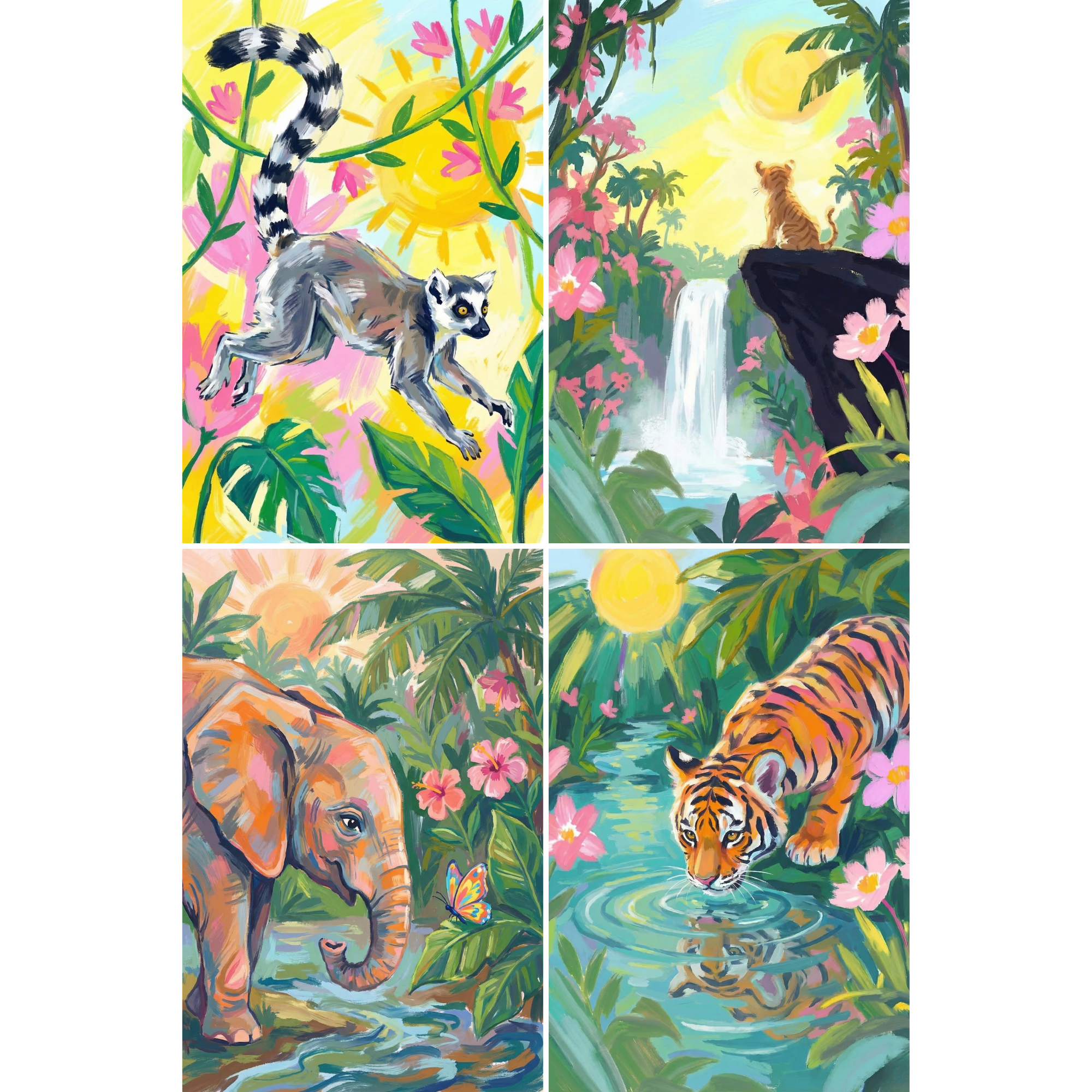 Vibrant Tropical Jungle Animal Wall Art Set of 4 - Vibrant Jungle Life